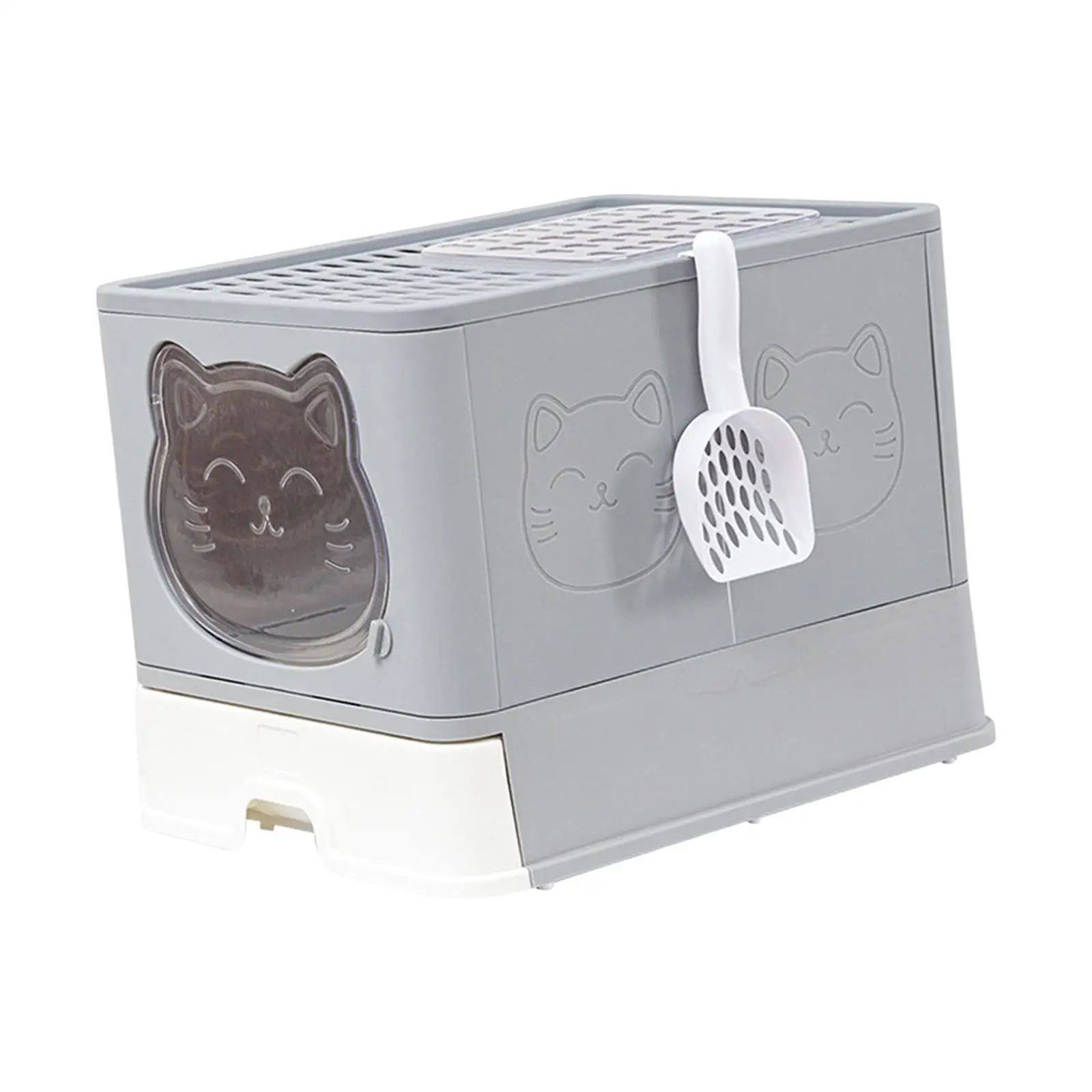 Cat Litter Box Kitten Toilet Foldable Fully Enclosed Front Door and Top Exit Hollow Holes AT The Top with Scoop Kitty Litter Pan