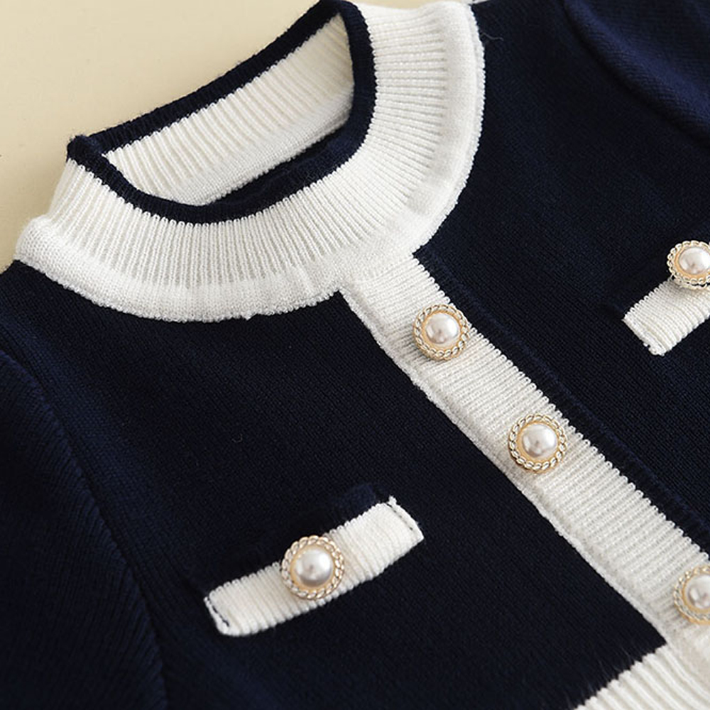 3-7 Jahre Alte Koreanische Version Marineblaues Süßes und Niedliches Mädchenkleid Herbst- und Winter-Strickkleid mit Langen Ärmeln für Kinder – Detail 5