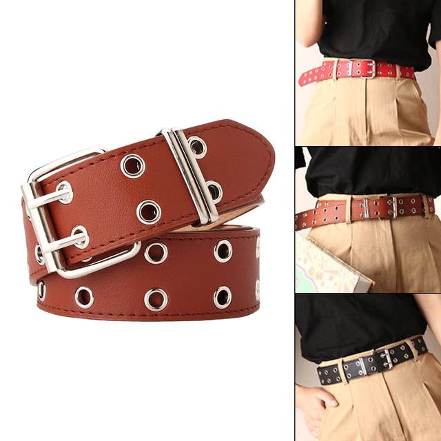 Double Grommet Belt for Women Men PU Leather Double Prong Buckle Vintage  Punk Jeans Belts White 