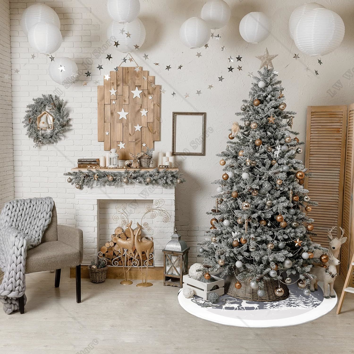 White Grey Christmas Tree Skirt with Cute Santa Claus Reindeer Snowflake Xmas Ornaments Mat for Indoor Holiday Party Decoration