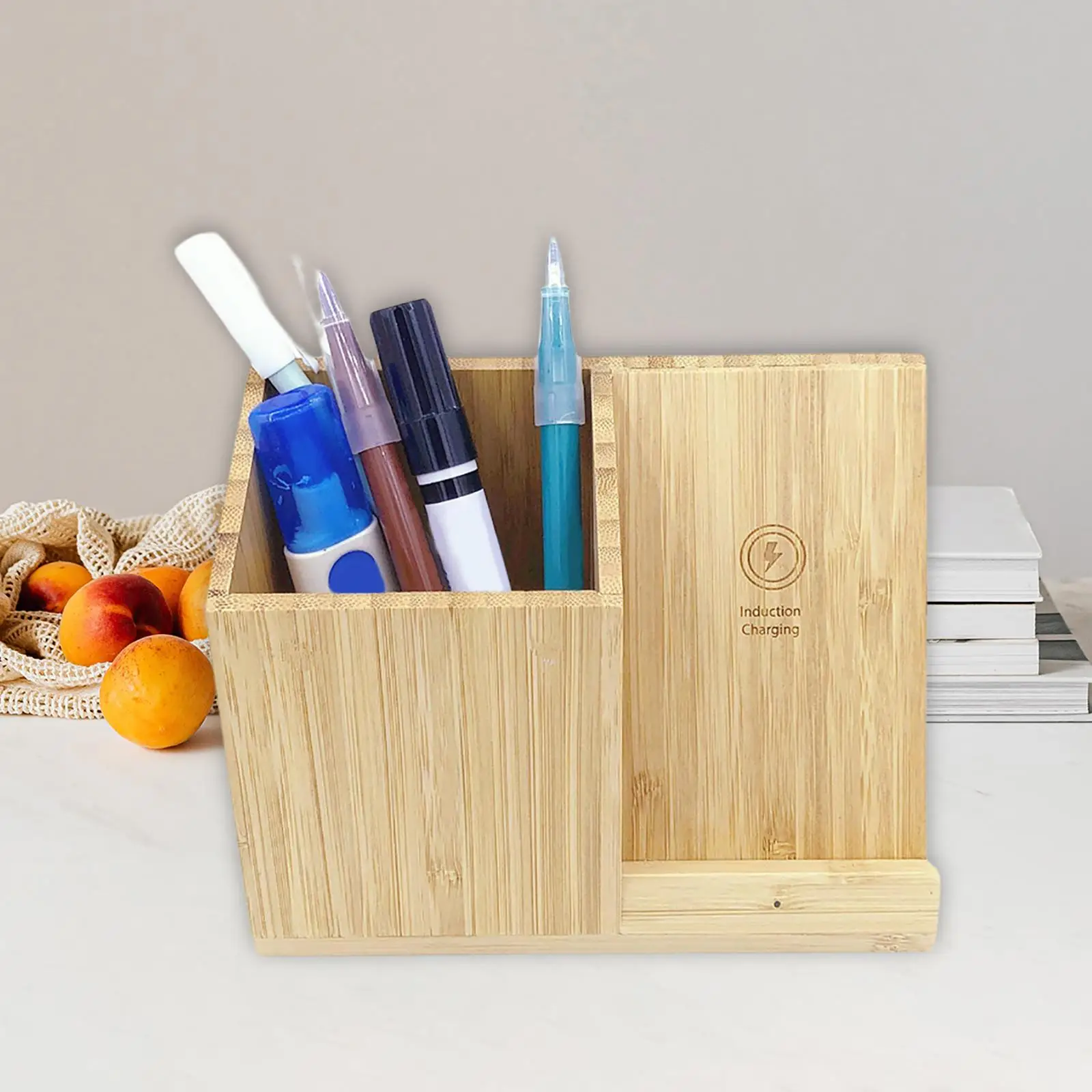 10W Wireless Charger Pen Rack Bamboo Desk Phone Charging Station 4in1 Organizer Durable Bamboo Wood 1Pcs for Pencil Storage