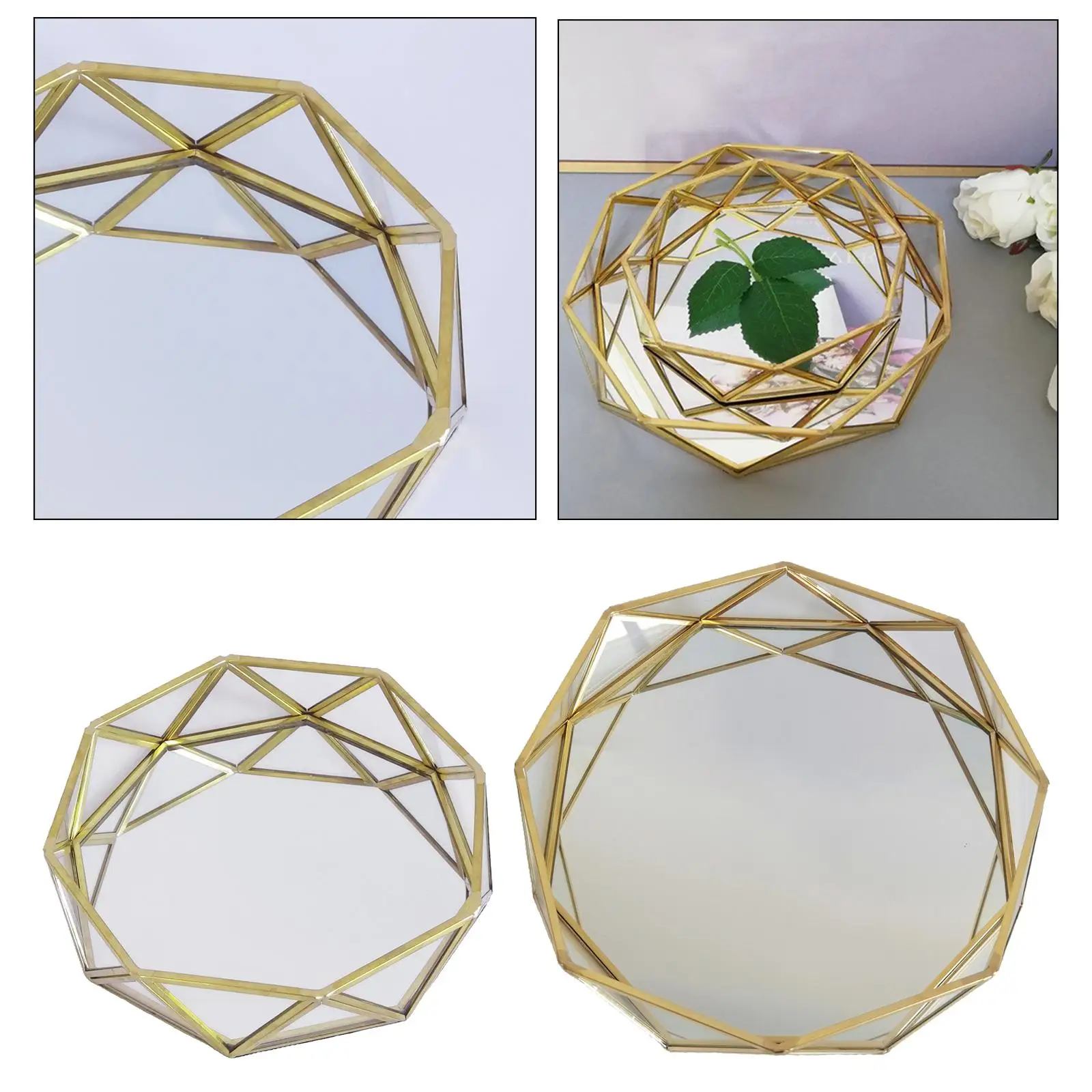 Round Mirror Glass Decorative Geometric Golden Drinks Display Tray