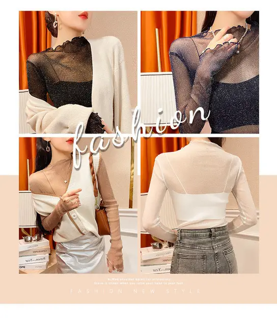Dropship Women Sexy Lace See Through Long Sleeve Tops Sheer Mesh Turtle  Neck T Shirt Blouse New to Sell Online at a Lower Price