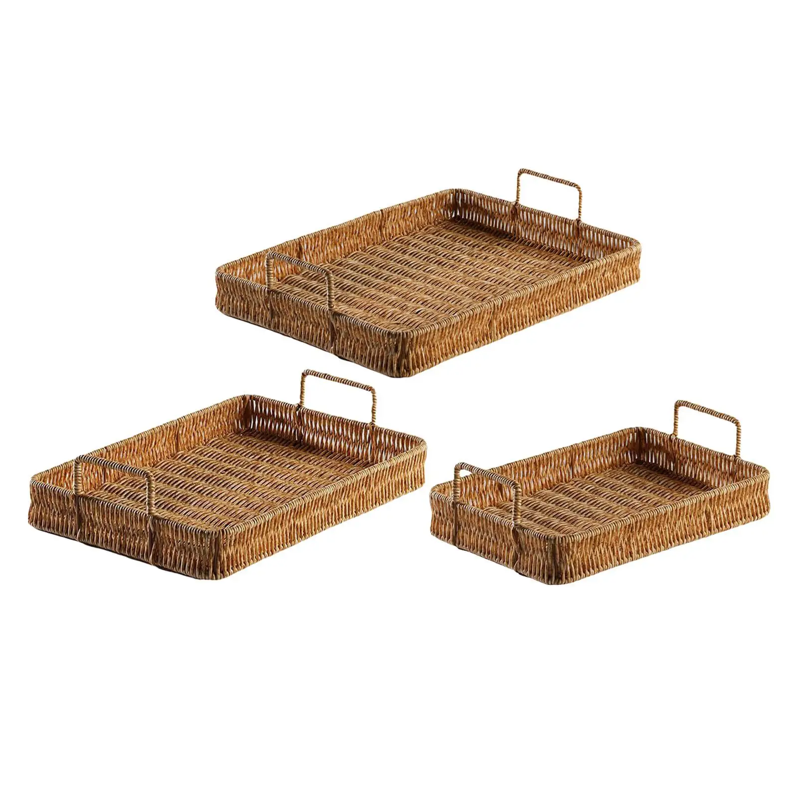 Rectangle Hand Woven Serving Tray Crafts with Handles Vegetables Holder Breakfast Serving Trays Multi Use for Wedding Gift Home
