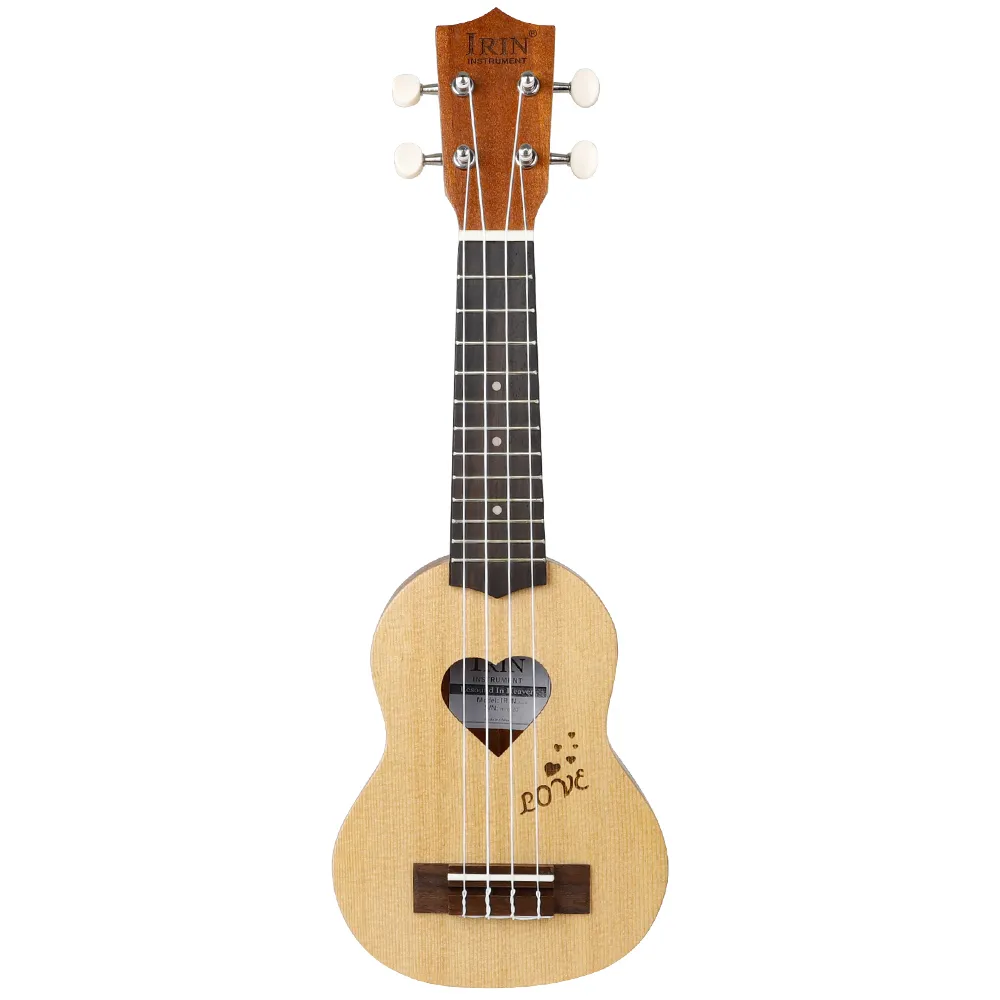 The IRIN 17-inch ukulele, crafted from spruce wood, features a heart-shaped sound hole with the word "love" elegantly inscribed below. It includes four white tuning pegs and boasts a dark rosewood fingerboard, enhancing its enchanting appeal.