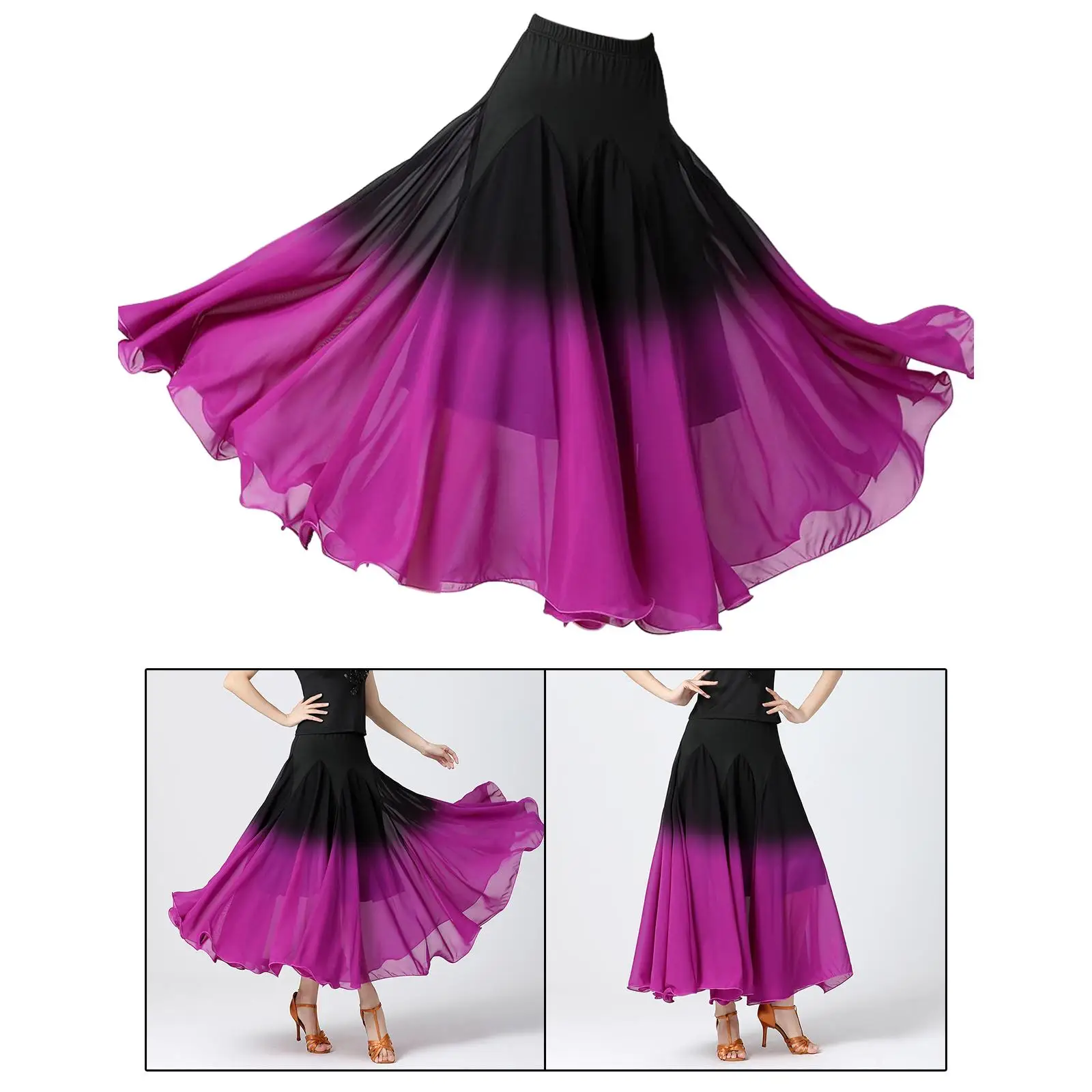 Womens Ballroom Dance Skirt Long Swing Skirt Black Gradient Belly Dancing