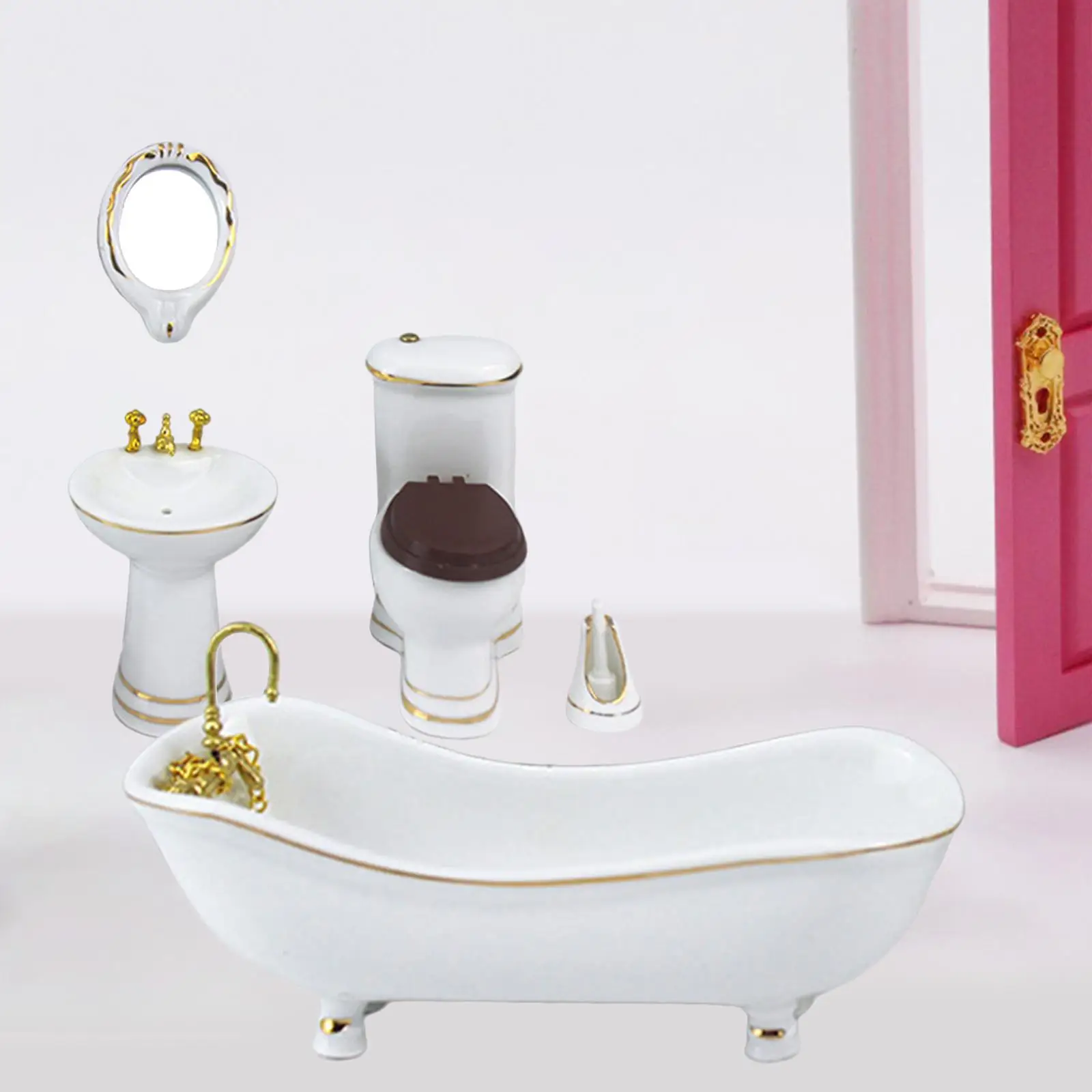 5x Bathtub Toilet Brush Wash Basin Mirror Dollhouse Bathroom Set Scenery Supplies
