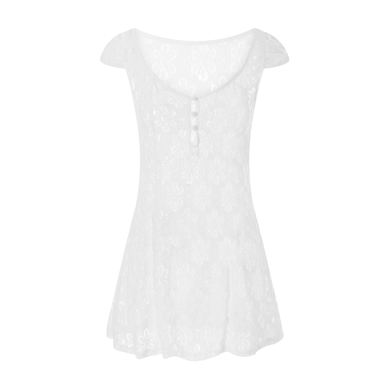y2k Going Out Mini Lace Dress Summer Women See Through Short Sleeve V Neck Hollow Out Button Down A Line Dress Clubwear