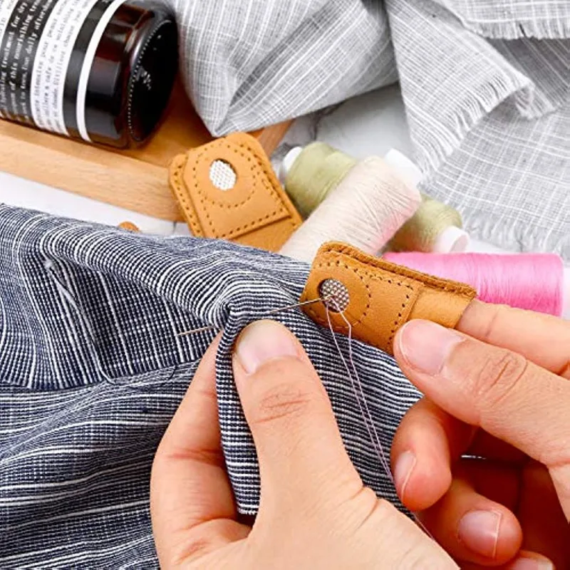 2 Stück Leder münze Fingerhut weiche künstliche Schaffell Handarbeit Finger abdeckung Spitze Quilten Fingerhut Ärmel hand gefertigte Näh werkzeuge – Detail 5