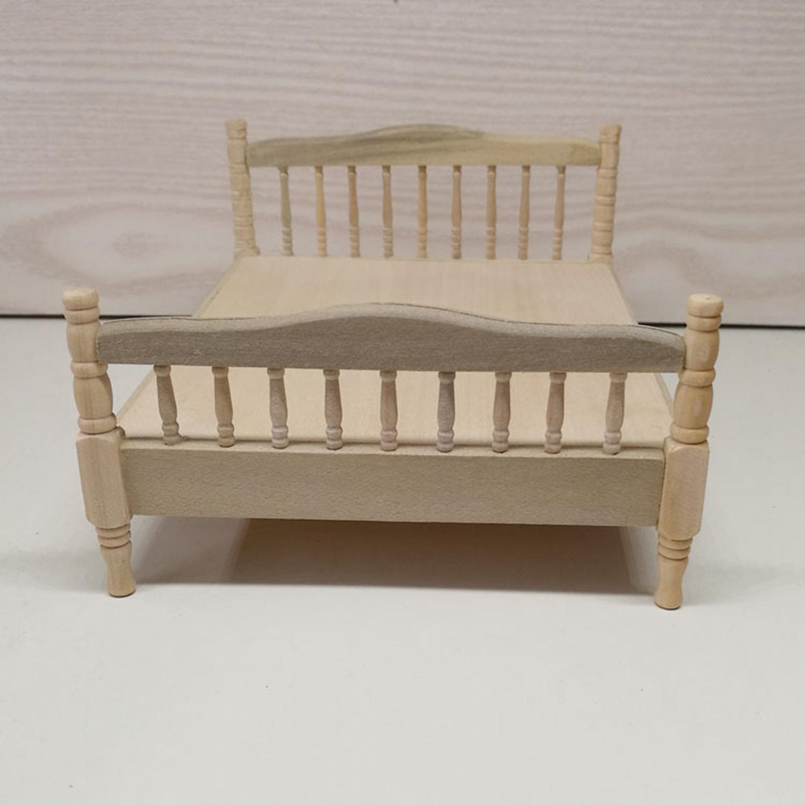 1:12 European Double Bed Model, Miniature Bedroom Furniture, Wooden Mini Bed for Accessories