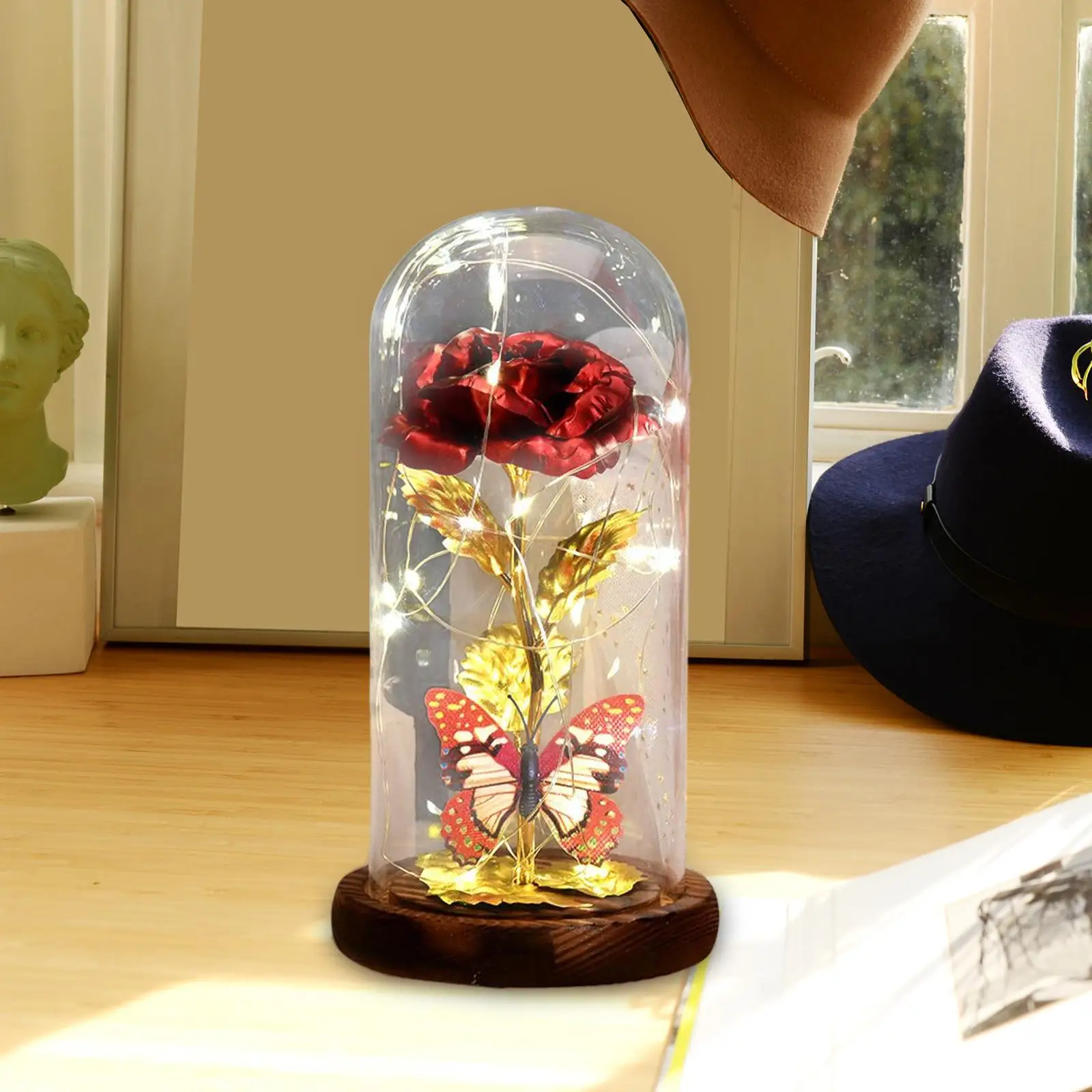 Butterfly Rose Flower Ornaments Bedside Lamp Crafts Glass Cover Creative LED Light for Desktop Fireplace Party Gift Home Decor