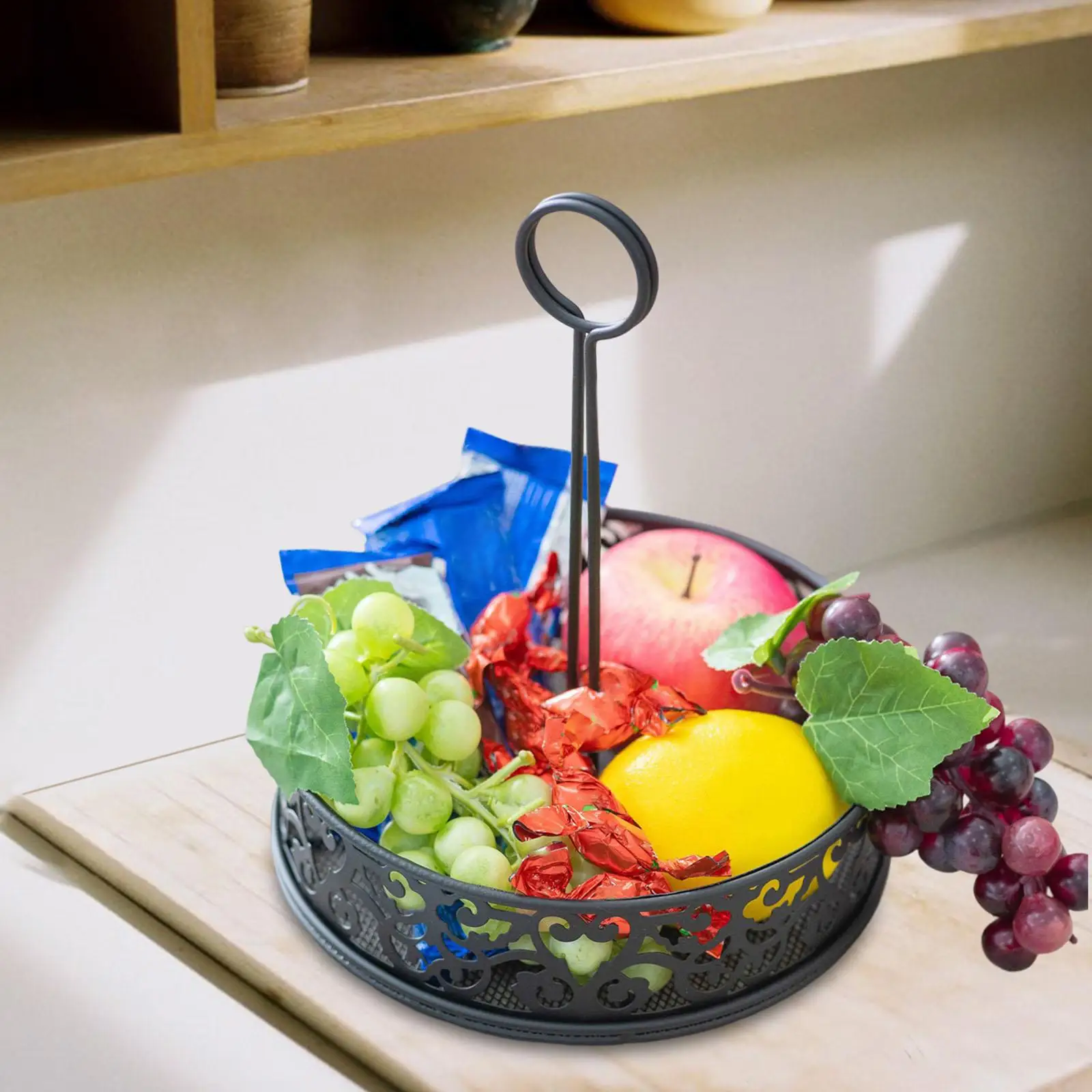 Fruit Basket with Handle Round Storage Tray for Kitchen Counter Dining Table