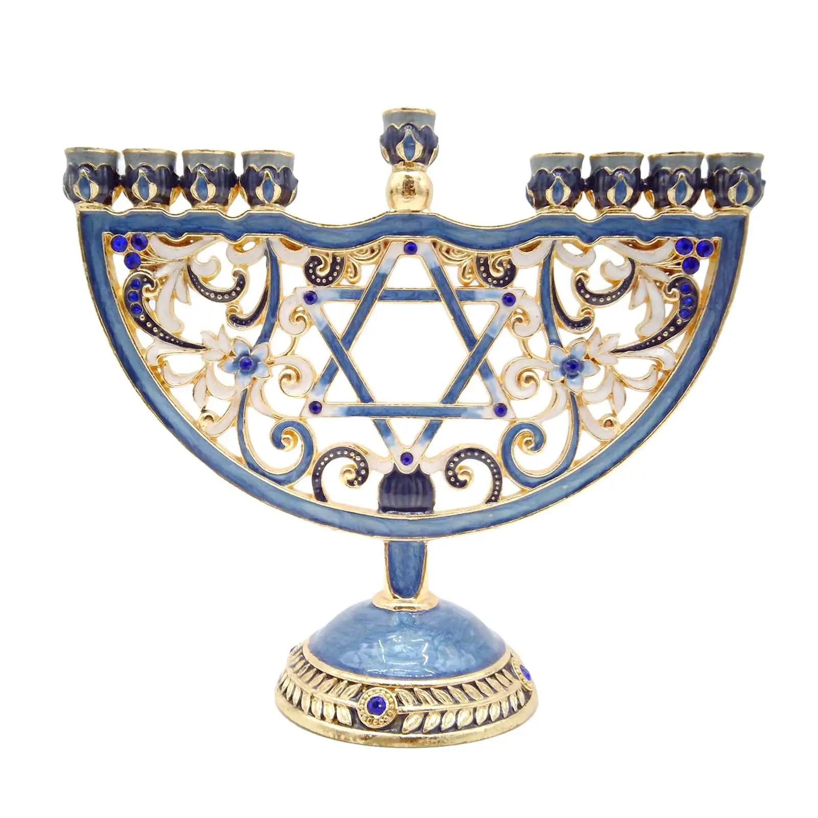 Enameled Metal Menorah Embellished with Jeweled Accents Candle Holder