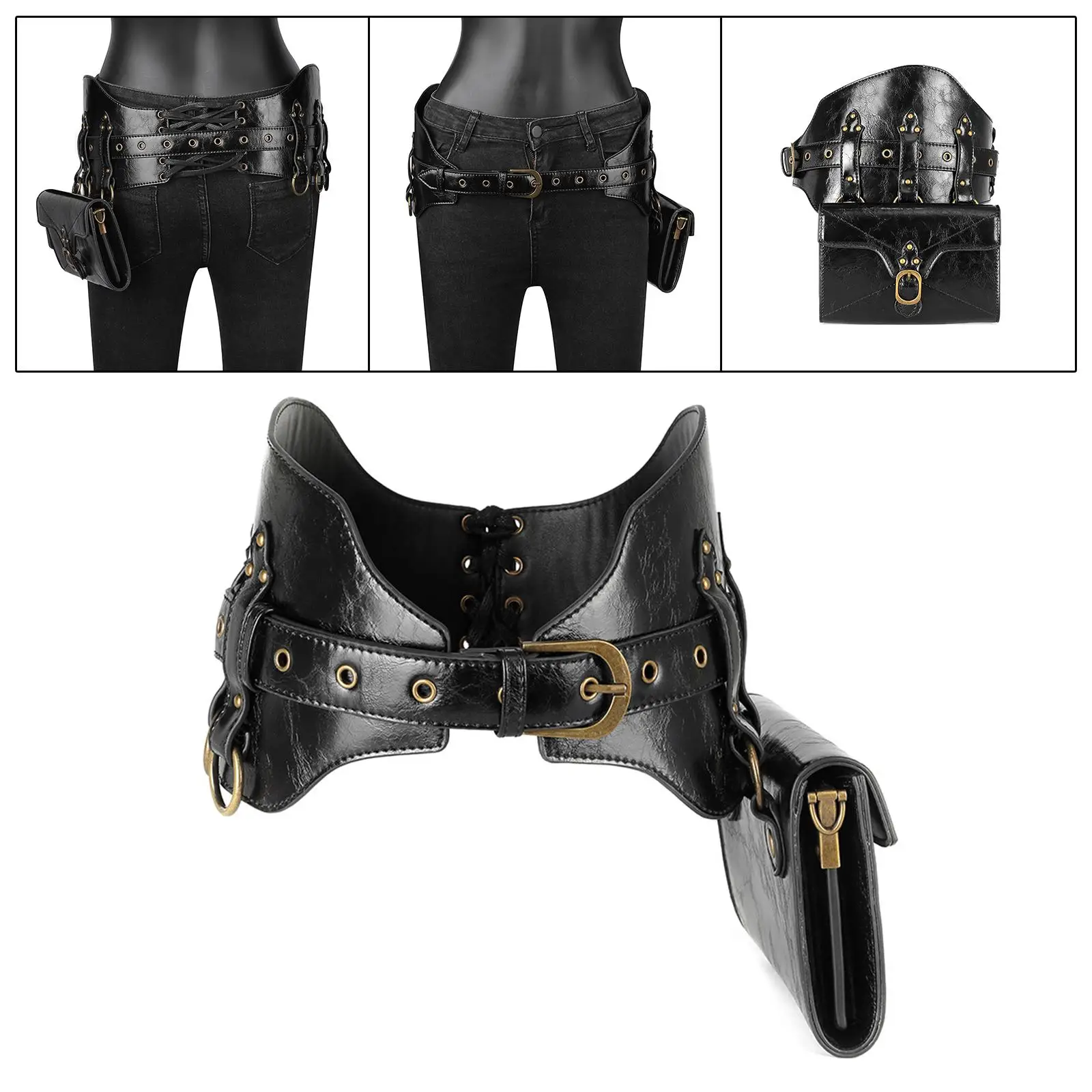 Gothic Waist Packs PU Leather Handbag Fanny Pack Women Steampunk Waist Belt Bag for Street Shopping Vacations Backpacking Hiking