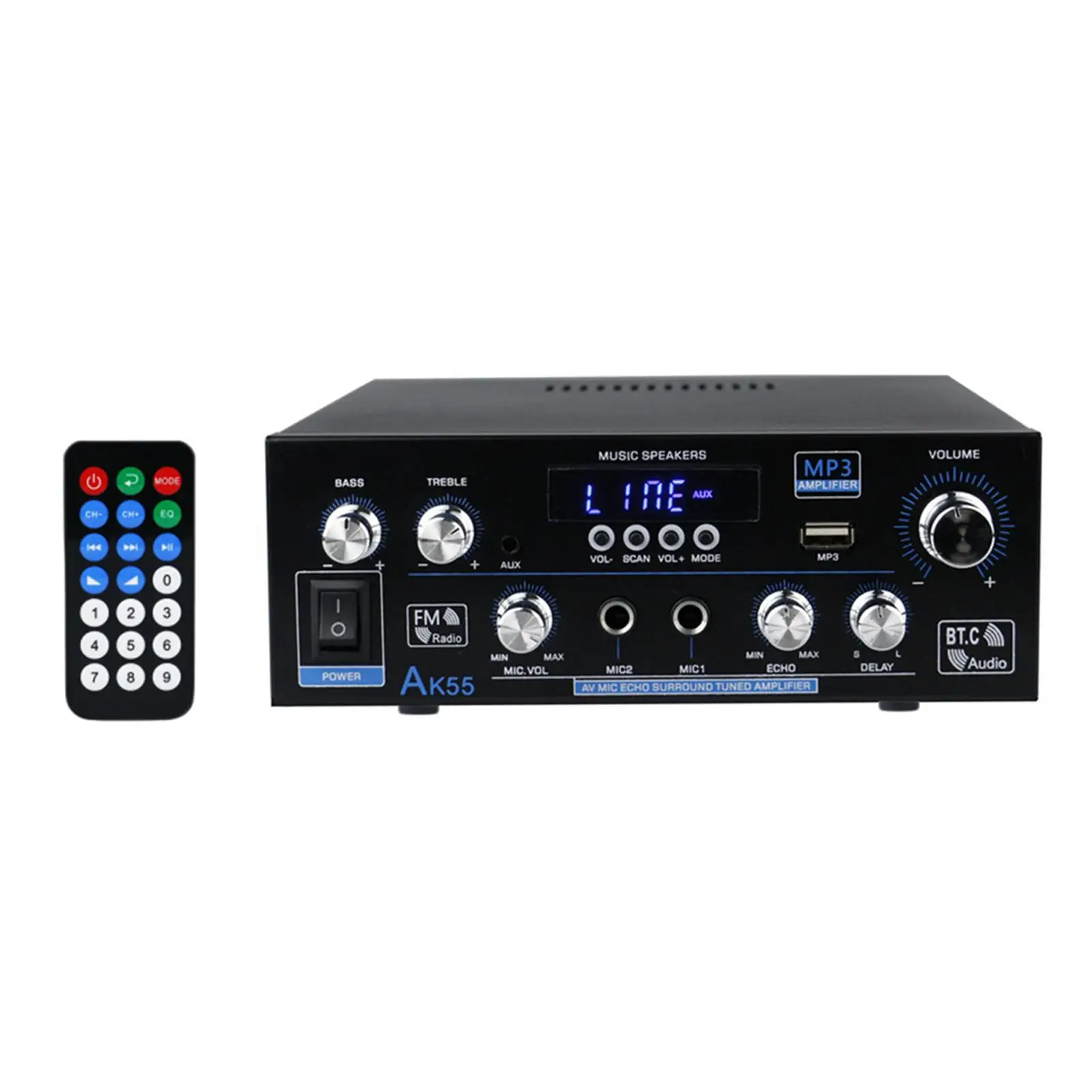Audio Power Amplifier USB BT FM AUX Mic Echo Reverb Delay 110-240V Dual Channel HiFi Stereo Amp Speaker Receiver European