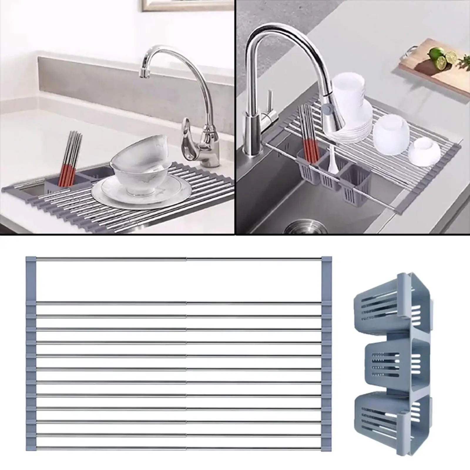 Foldable Roll Up Dish Drying Rack Collapsible Multipurpose Silicone Coated Stainless Steel Dish Drainer
