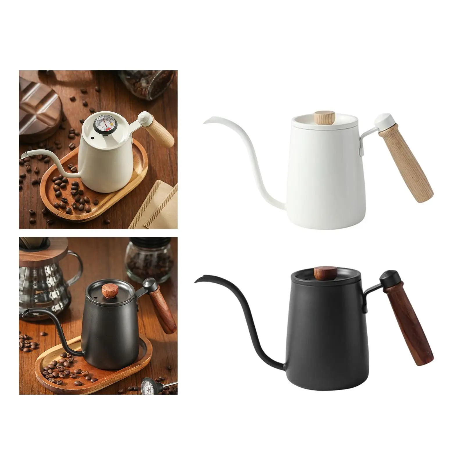 600ml Stainless Steel Coffee Kettle Tea Pot Wooden Handle Flow Durable