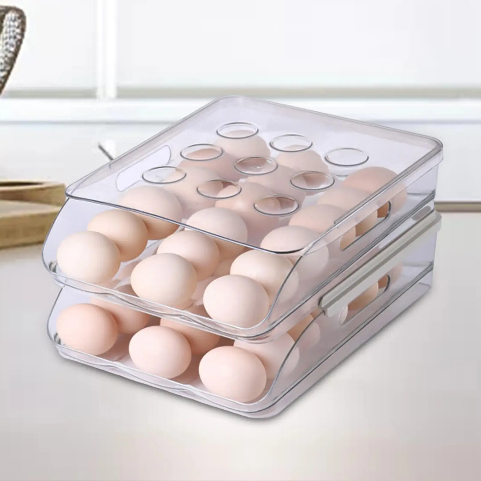 egg Storage Box with Lid Egg Container Fridge Organizer Slide Design Egg Holder Automatic Rolling for Household Kitchen