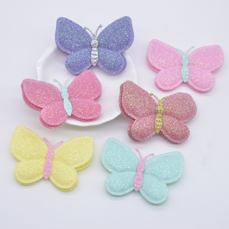 12 Stücke 60*45mm Glitter Leder Doppel Schmetterling Applikationen für DIY Kleidung Hut Schuhe Nähen Patches Kopfbedeckung Haarspangen Bogen Dekor – Detail 1