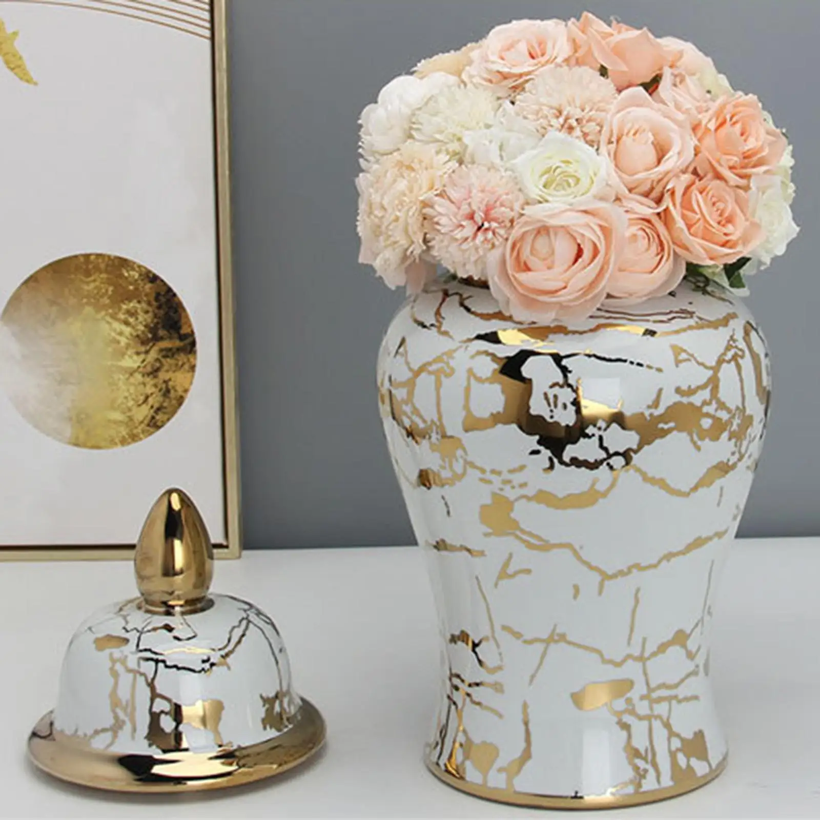 Flower Vase Storage Jar with Lid Temple Jar Desktop Tea Tin Ceramic Ginger Jars for Home Accent Centerpiece Weddings Party Desk