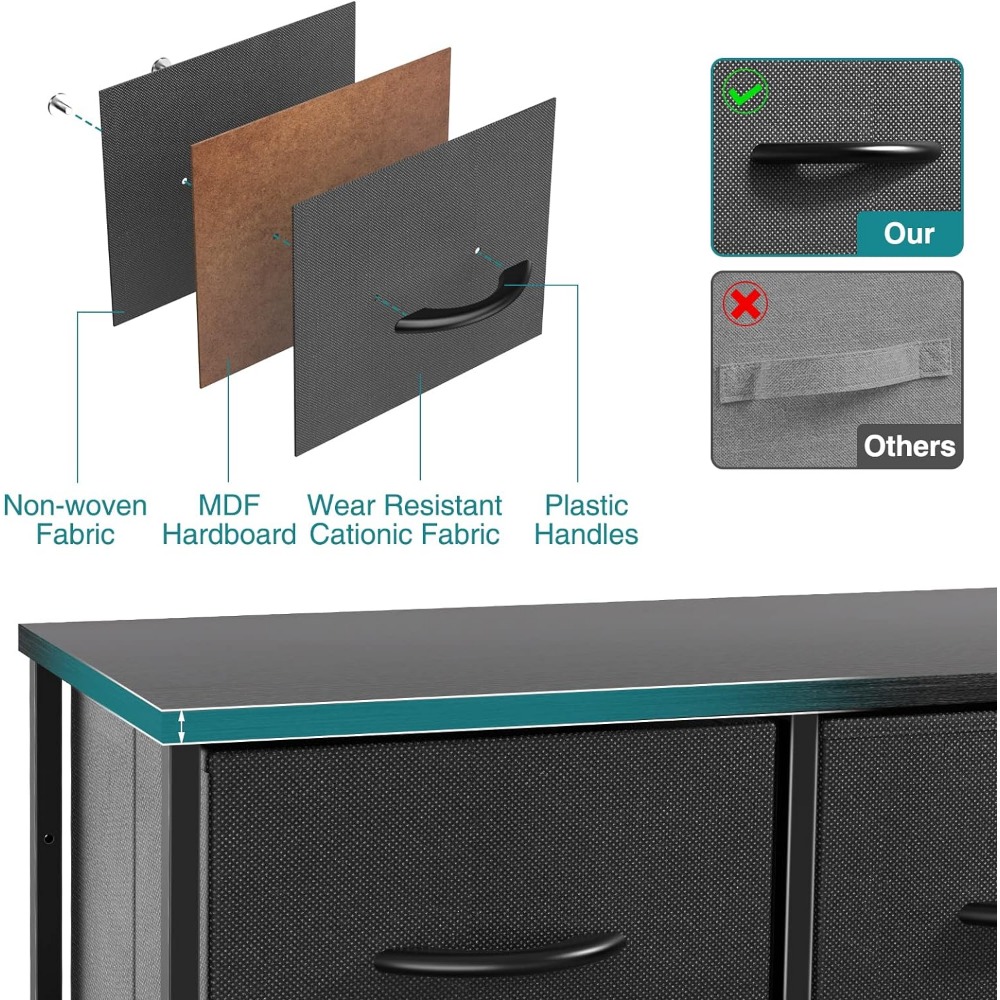 Description Picture 5 of item5 Drawers Dresser Fabric Dresser for Bedroom, Long Dresser with Wood Top for Bedroom, Closet, Entryway, Black