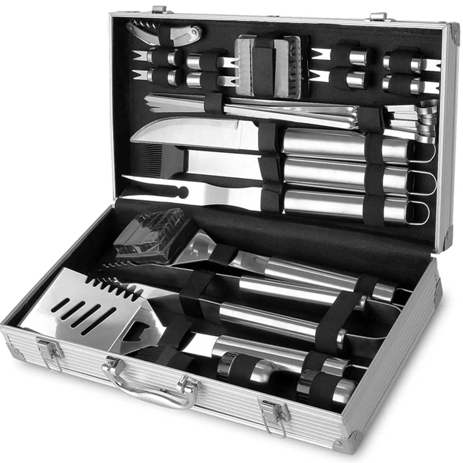 26PC BBQ SET & CASE BARBECUE UTENSIL TOOL CAMPING STAINLESS STEEL CUTLERY UK 