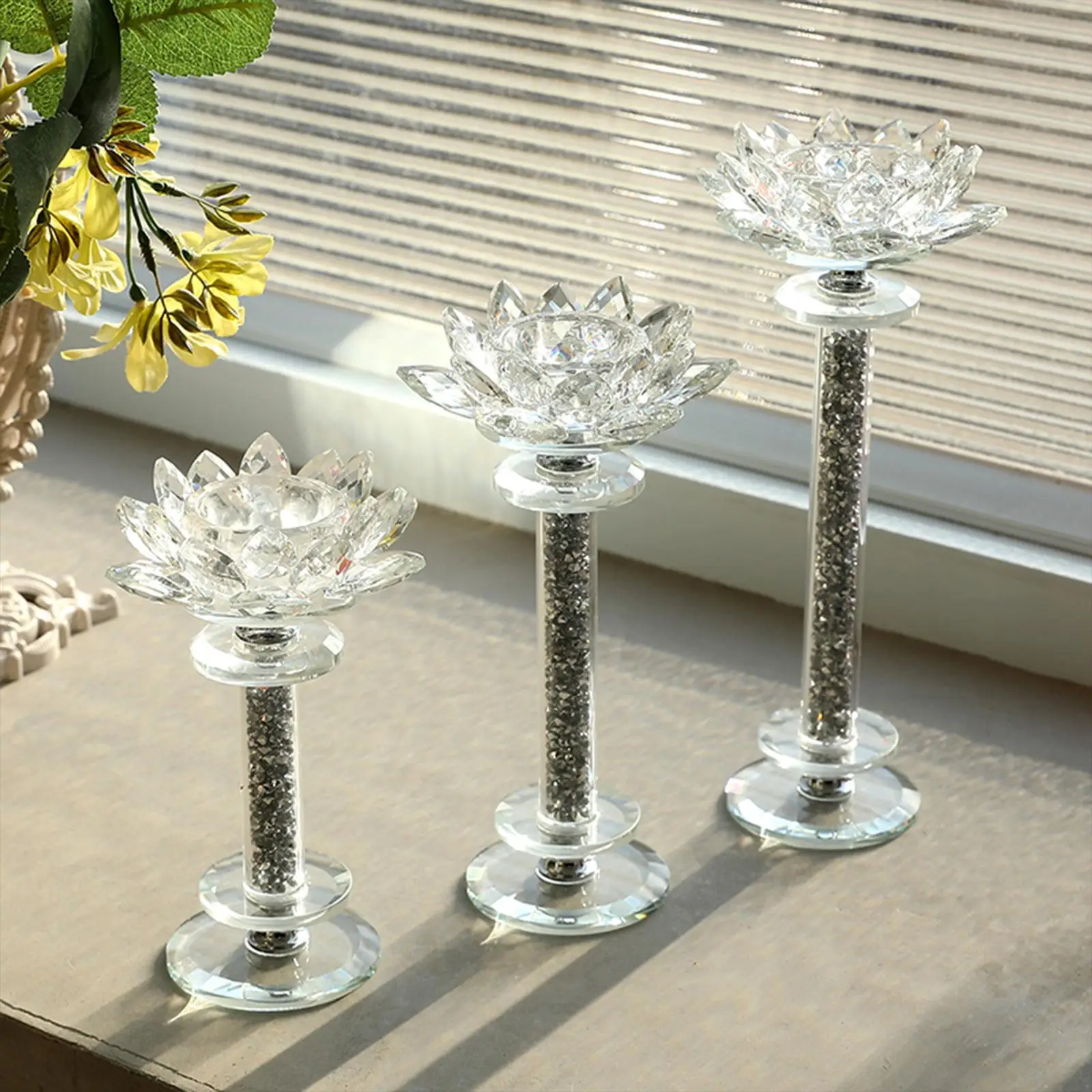 3 Pieces Clear Glass Lotus Flower Candle Holder Pillar Candlestick Romantic Tea Light Holders for Tabletop Dining Room Decor