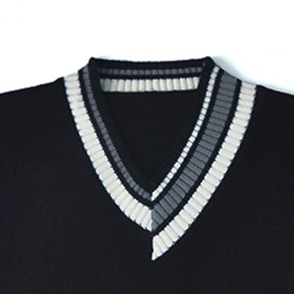 Description Picture 2 of itemCool Anti-shrink Streetwear Winter Sweater Elastic Men Vest Sweater Contrast Colors V Neck Winter Sweater for Dating