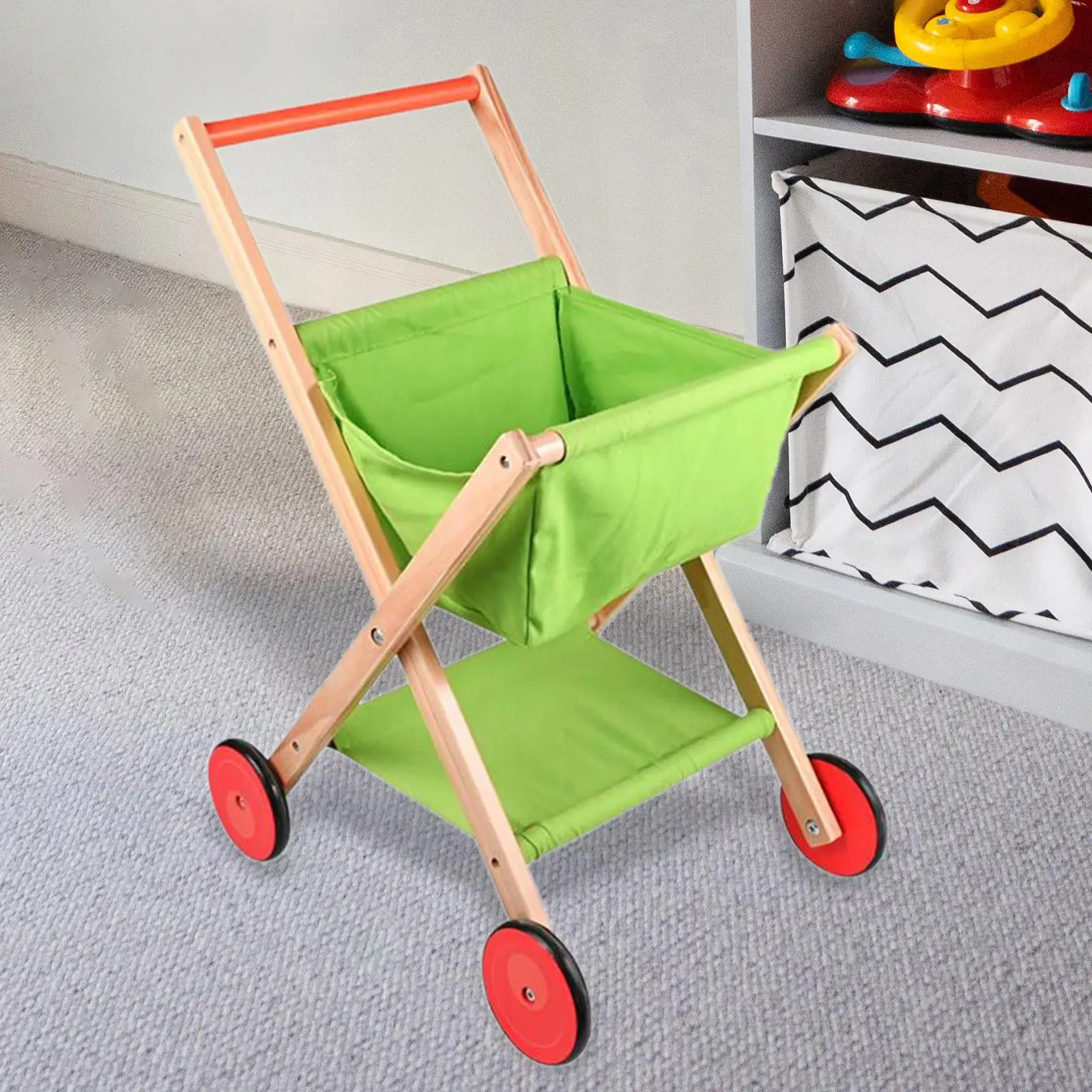Simulated Grocery Store Shopping Trolley Role Play Toy Pretend Play Supermarket Playset Wood Shopping Cart for Childern Gifts