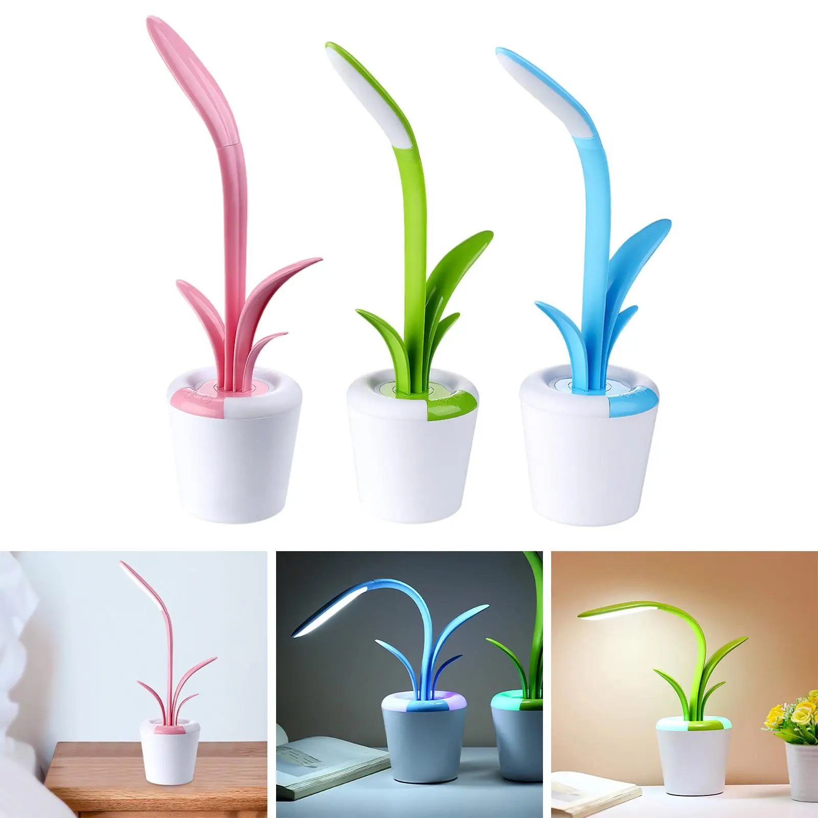 Plant Shape LED Desk Lamp Study Nightstand Bedside Flexible Eye Protection USB Table Light for Home Office Bedroom Dormitory