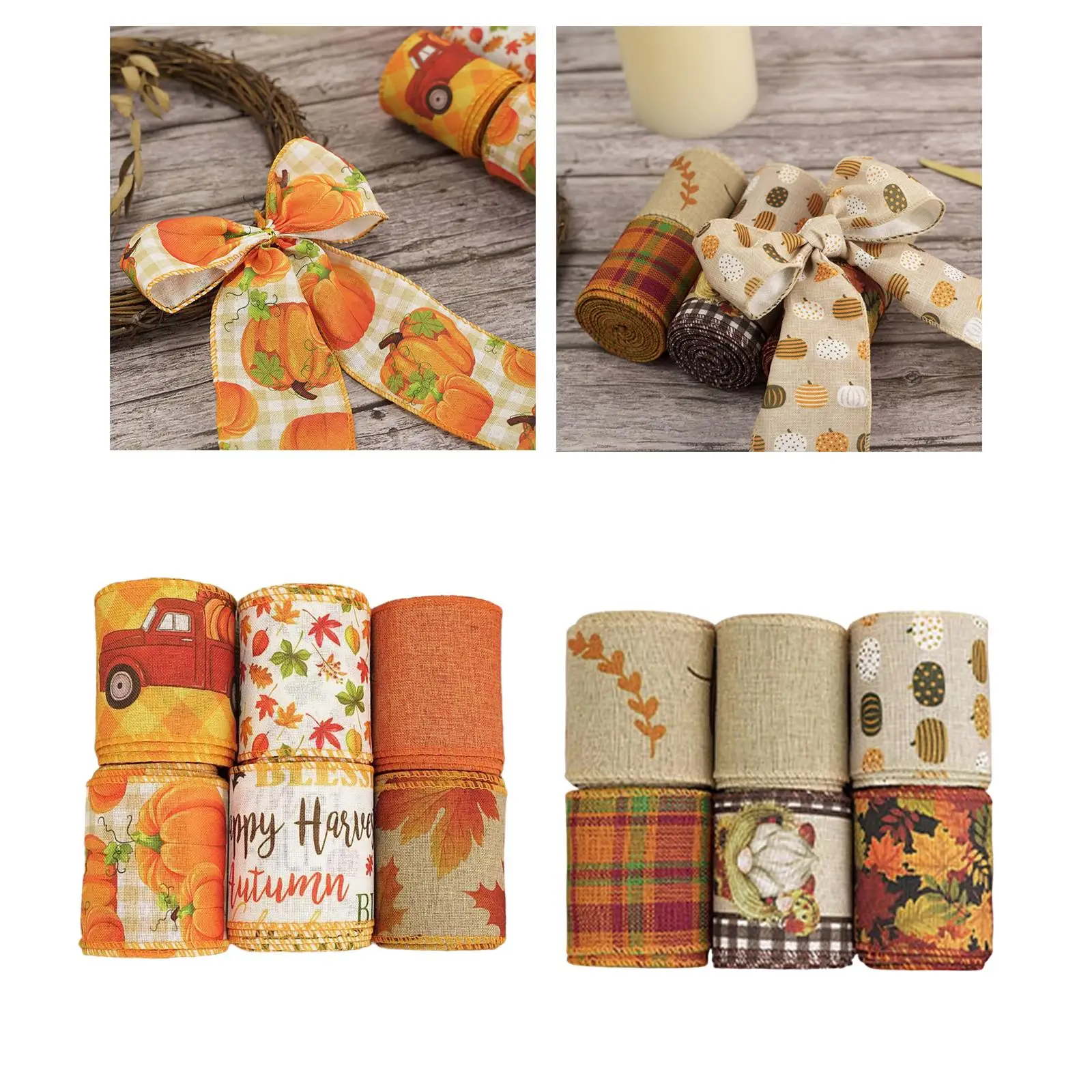 6Pcs 6Yards Fall Wired Ribbons Rustic Decorative Reusable Thanksgiving Wrapping Ribbon for Autumn Wreath DIY Craft Fall Custom