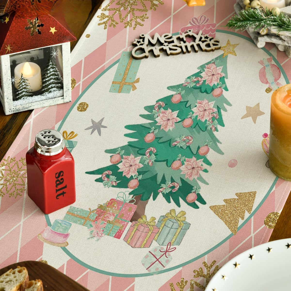 Description Picture 5 of itemPink Plaid Nutcracker Snowflake Christmas Table Runner, Winter Kitchen Table Decoration, Suitable for Family Party Decoration