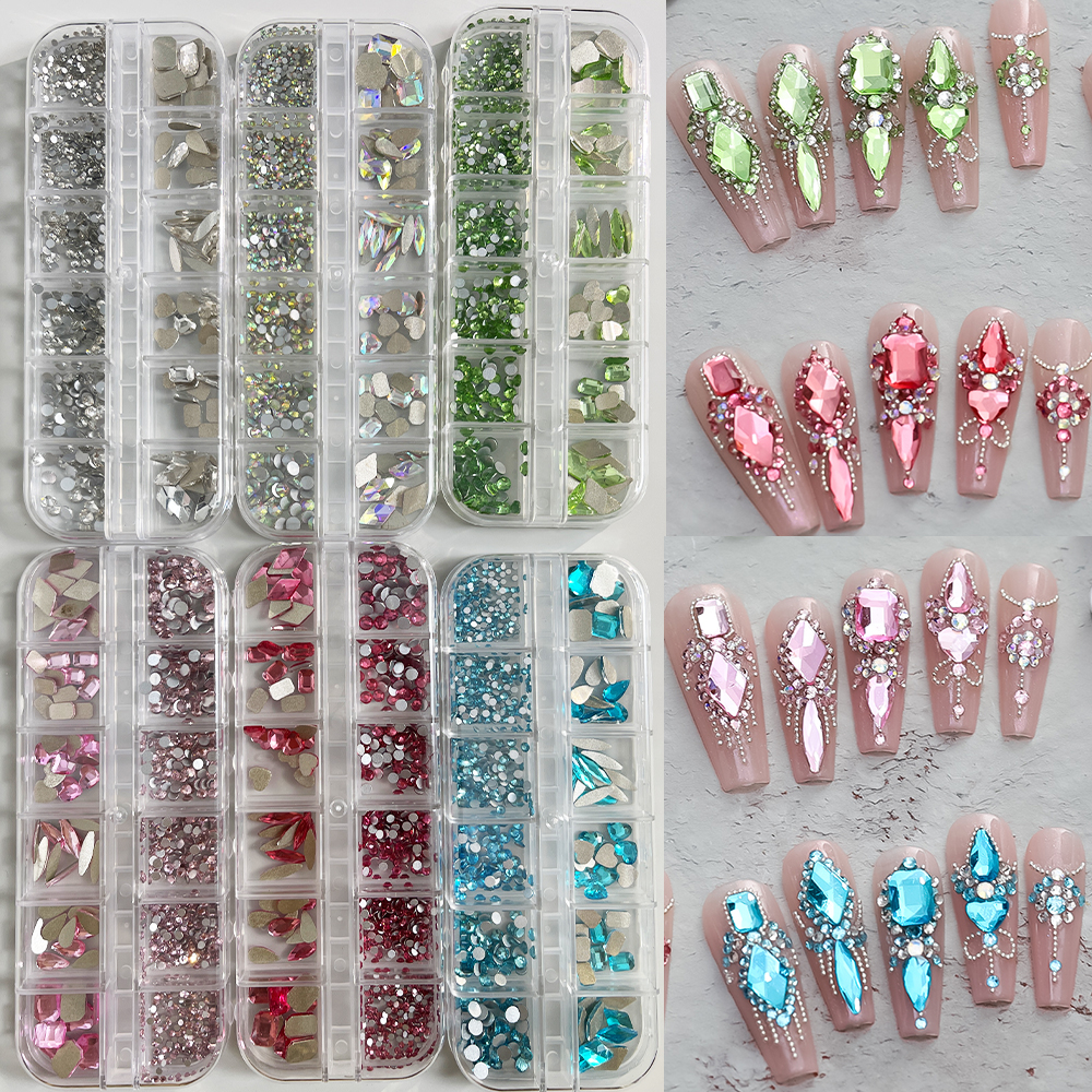 Best of Hot Selling 12 Grids Nail Art Rhinestones Jewelry Set Multi-shapes Colorful Flatback Nail Charms Diamonds 3D Nails Accessories Reviews & Tips