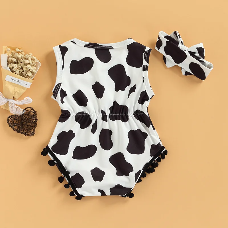 2 Pcs Newborn Baby Girls Cow Print Outfits Toddler Sleeveless Round Neck Tassel Bodysuit + Bow Headband Summer Clothing Baby Clothing Set for boy