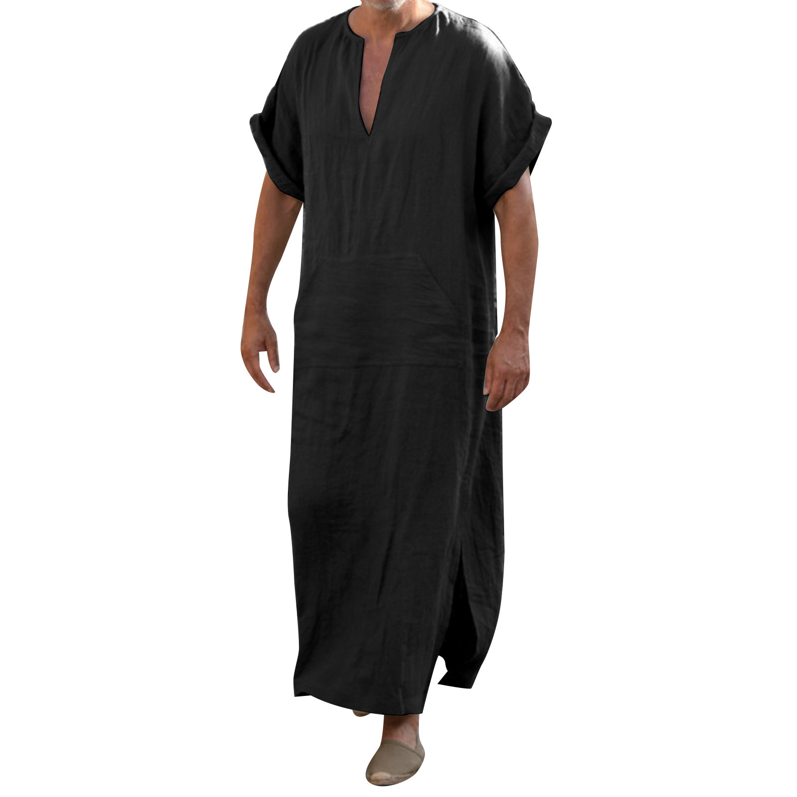 Men Robes Kaftan Muslim Arab Islamic V-Neck Short Sleeve Solid Imitation Linen Retro Vintage Loungewear Kaftan Arabia Man Abaya