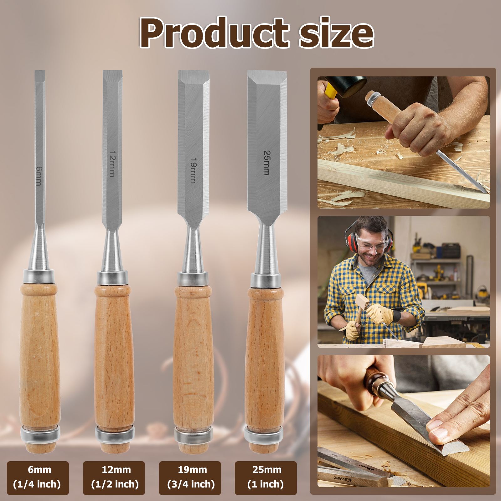 4-teiliges Holzmeißel-Set, scharfe Chrom-Vanadium-Stahl-Holzschnitzmeißel mit Griffen aus Buche, ergonomische Holzschnitzwerkzeuge – Detail 6
