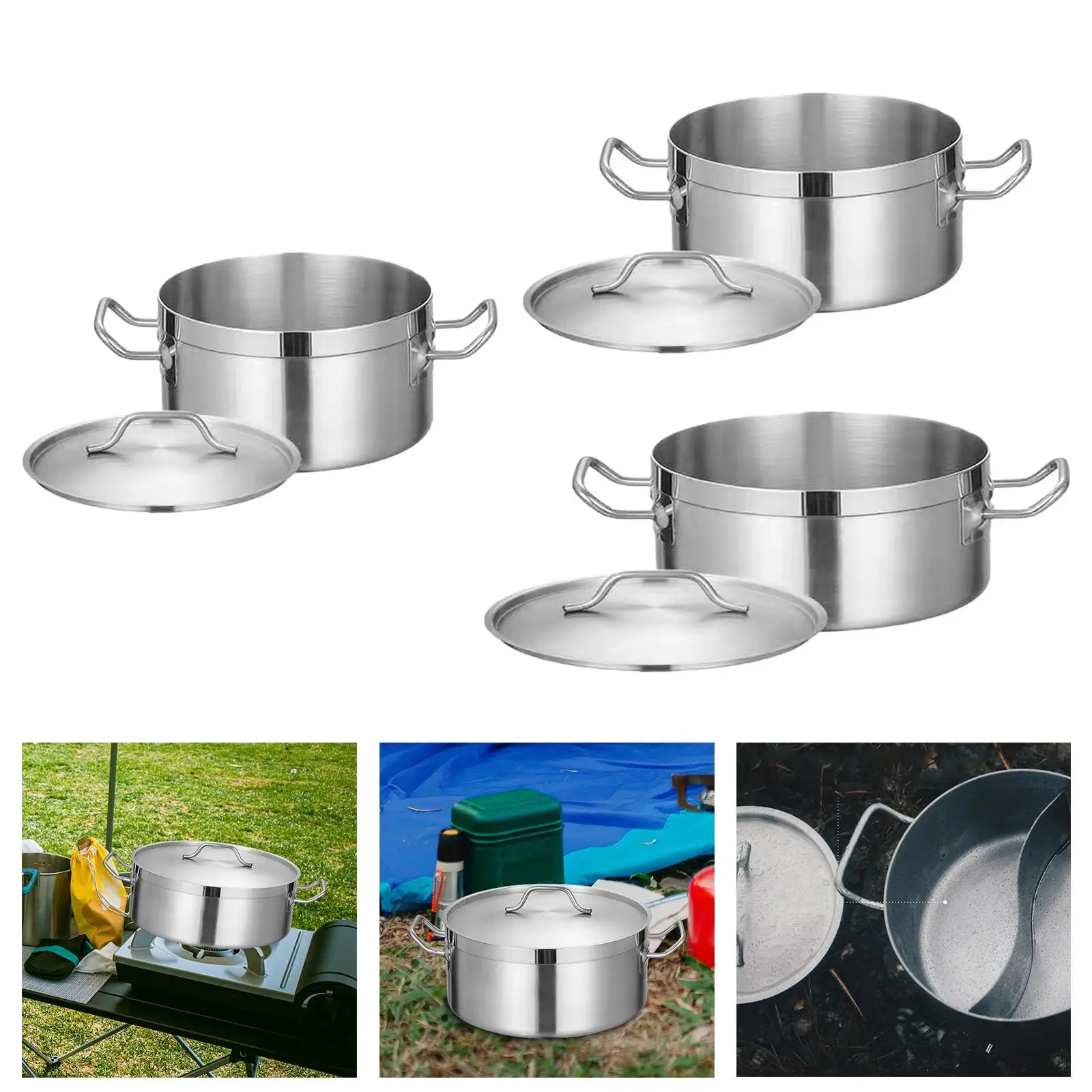 Stainless Steel Stockpot with Lid Heavy Duty Small Double Handles Induction Pot for Commercial Outdoor Kitchen Camping Household