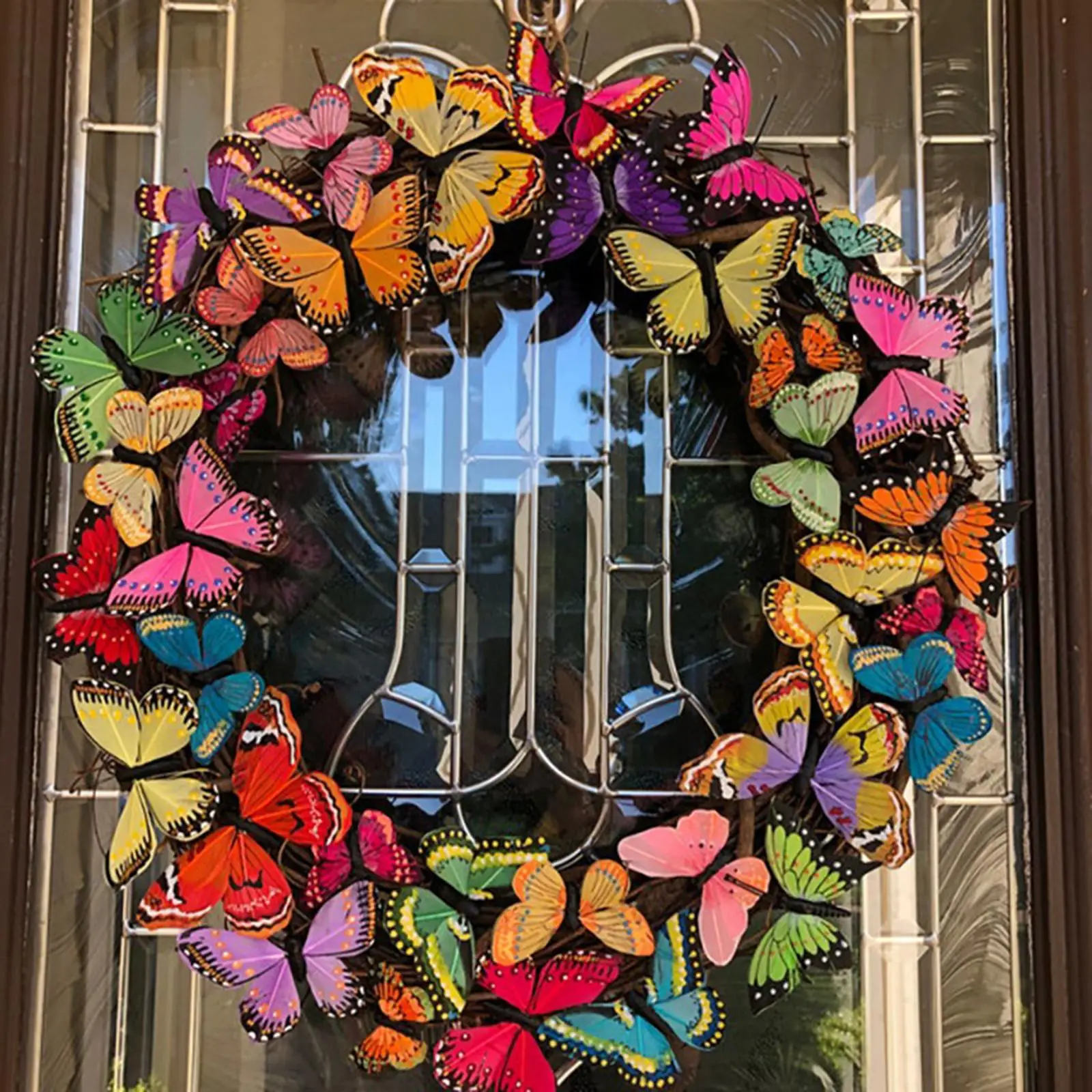 Round Colorful 15inch Butterfly Wreath for Front Door Wall Hanging Garland Mantle Festival Spring Ornament