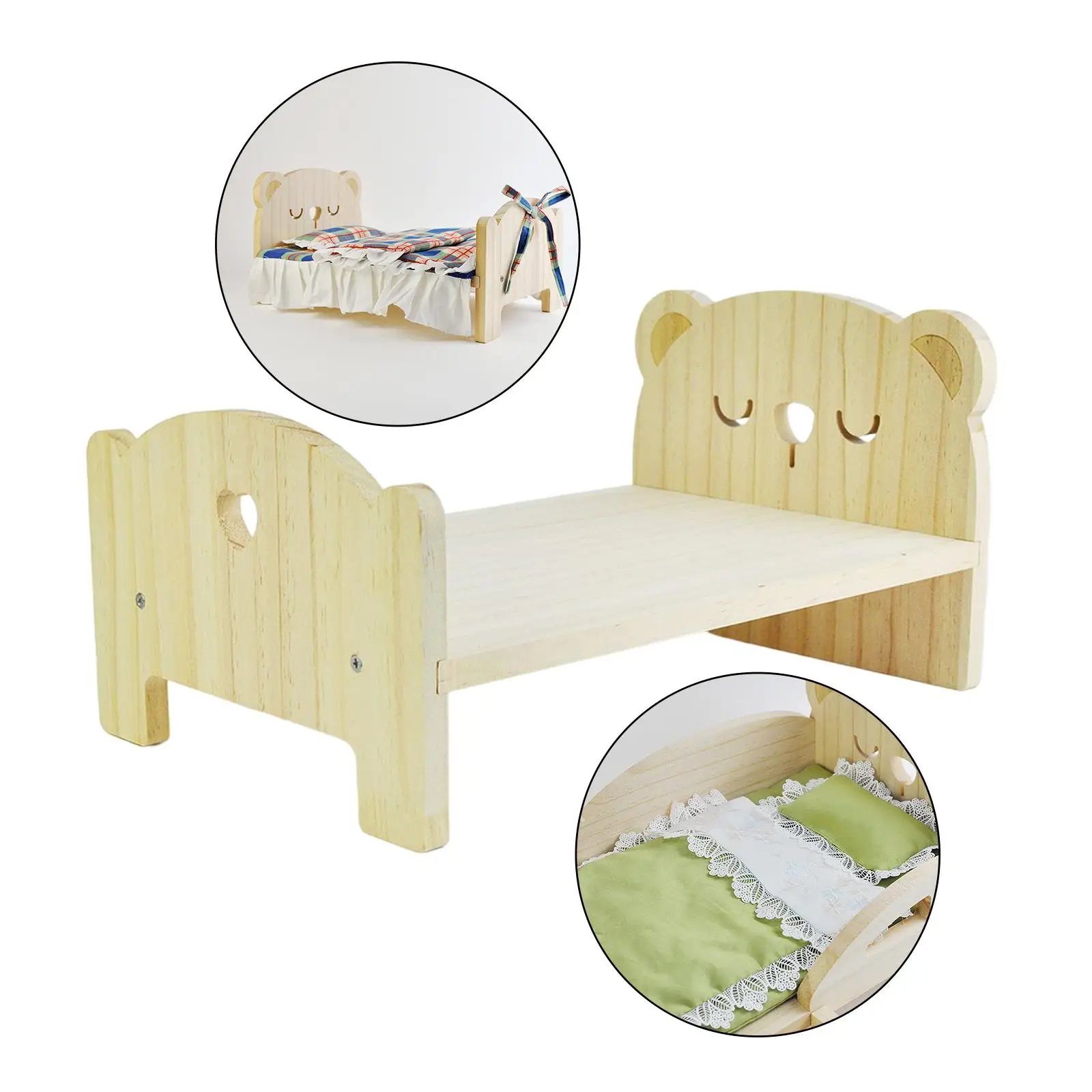 Mini Dollhouse Furnishing 1/6 Scale Wood Bed for Dolls Bedroom