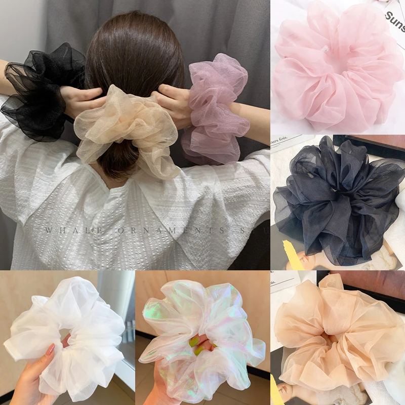 2022 Summer Organza Scrunchies Women Elastic Hair Band Korean Elegant Ponytail Holder Rubber Tie Band Hair Accessories Wholesale hair clips for long hair