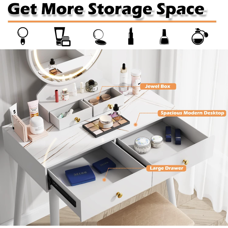 Description Picture 3 of itemFurmax Vanity Desk Makeup Vanity Table with Lighted Mirror Vanity Set with Modern Desktop , 4 Storage Drawers, 3 Colors