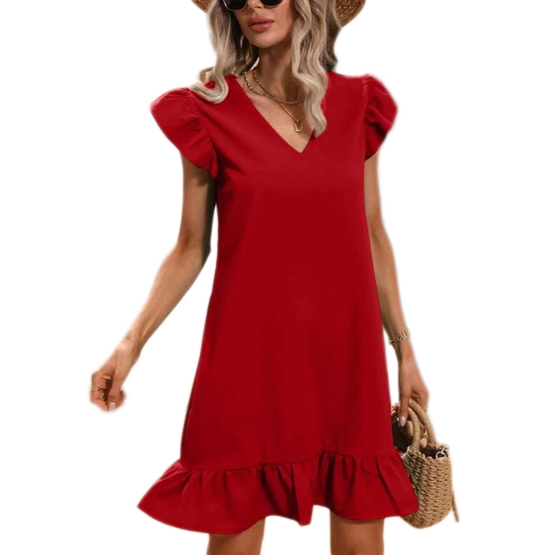 Mulheres V-Neck Flutter Curto Sólido Lotus-Sleeves Vestido