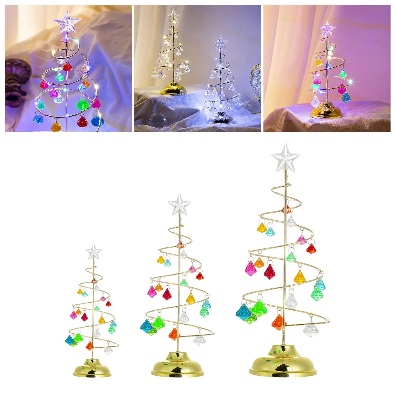 Christmas Tree Battery Powered with Glittering Star Topper Metal Stand Holiday Home Centerpiece Creative Gift Ornament