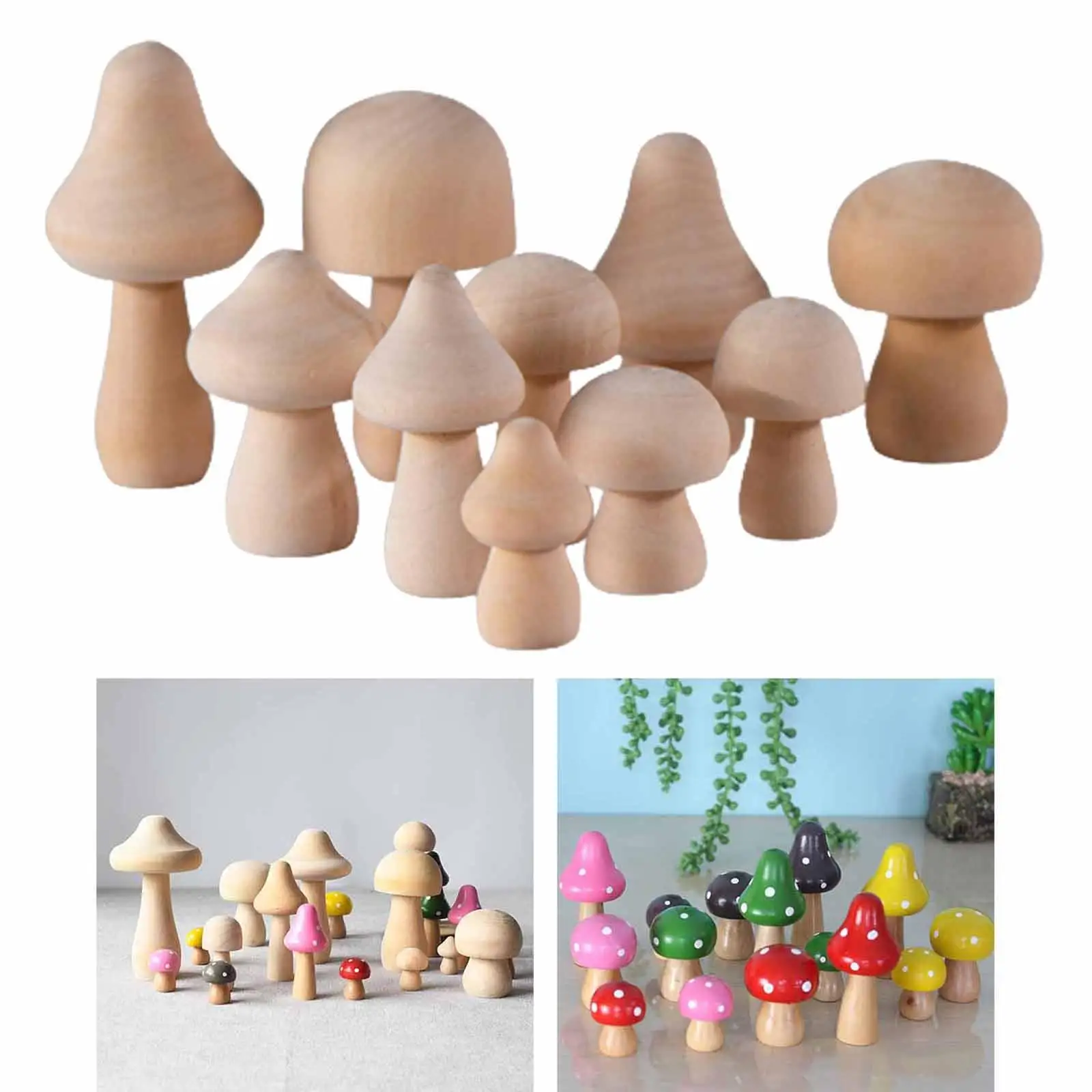 10Pcs Natural Unfinished Mushroom Peg Dolls for Ornaments Fairy Garden Home