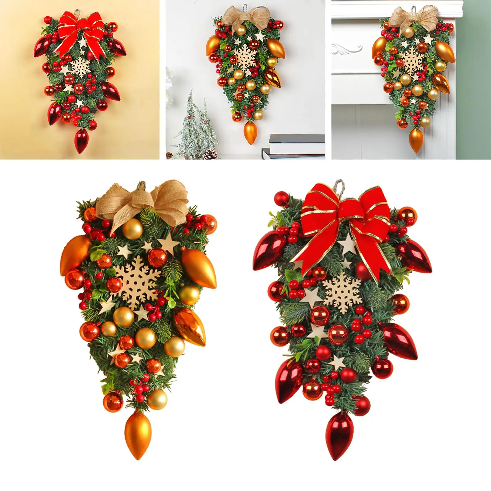 Christmas Tree Wreath Hanging Garland Decoration Ball Photo Props Xmas Teardrop Swag for Festival Outdoor Indoor Party Window