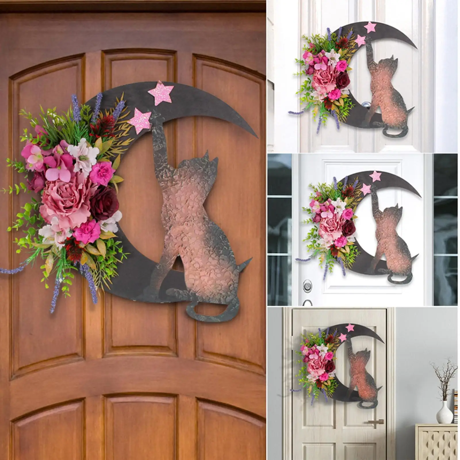 Artificial cat Wreath, Hanging Door Star for Home Valentines Outside Autumn