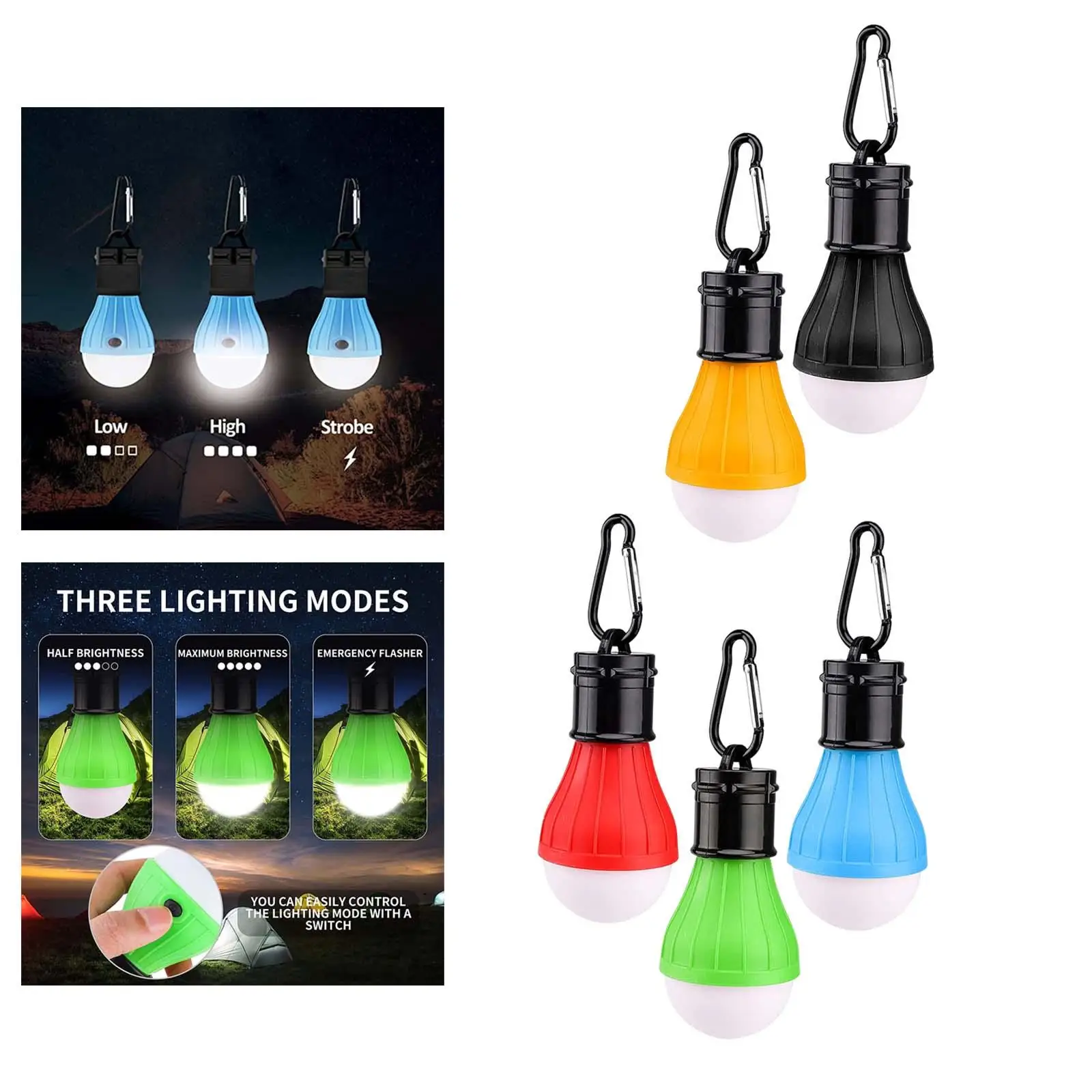 5Pcs Camping Lantern Light Tent Lamp Waterproof 3 Modes with Carabiner Clips Hanging Battery Powered for Car Repairing Indoor