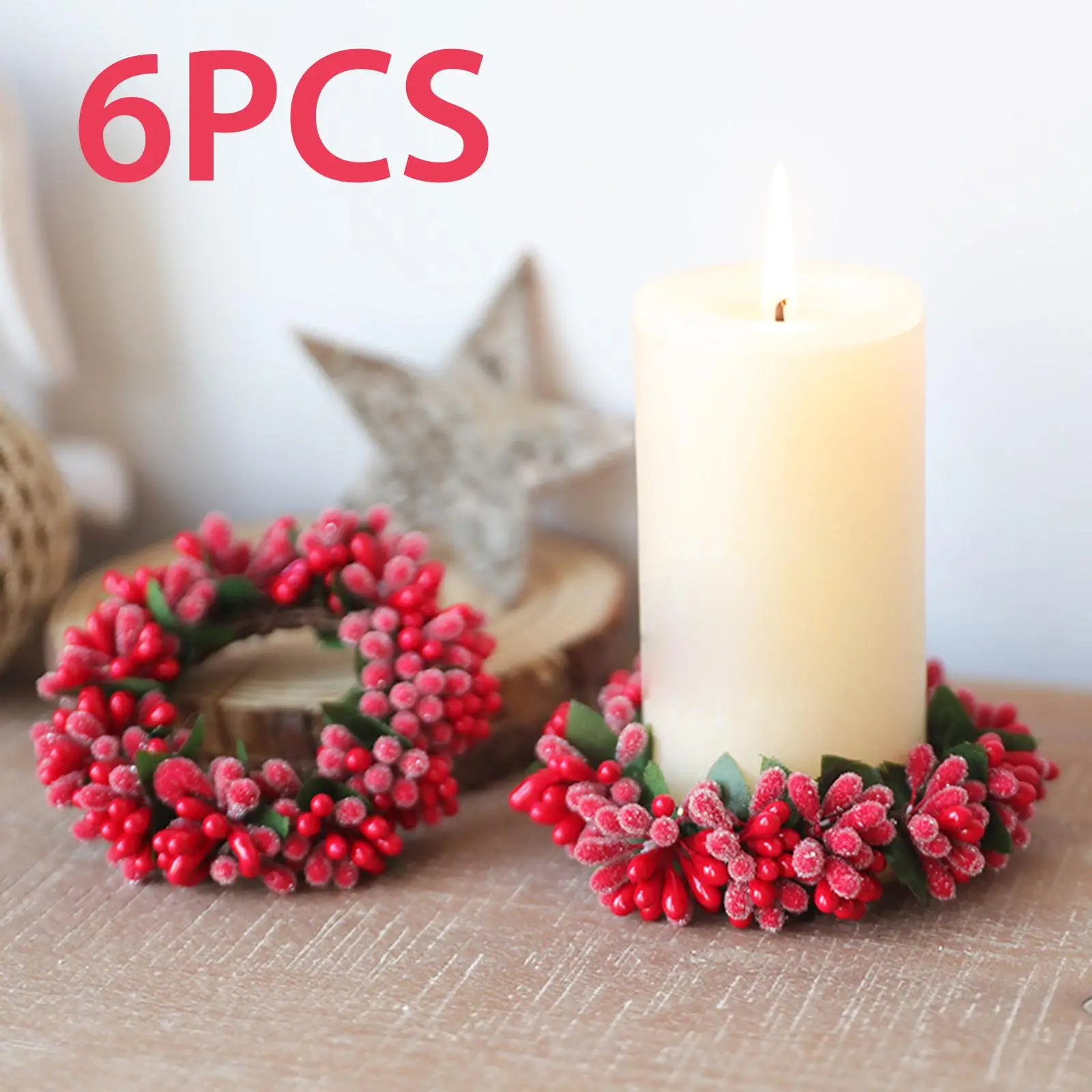 6x Red Berries Candle Ring Wreath Ornament Decorative Candle Holder Greenery Wreath for Home Tabletop Dinner Party Decorations