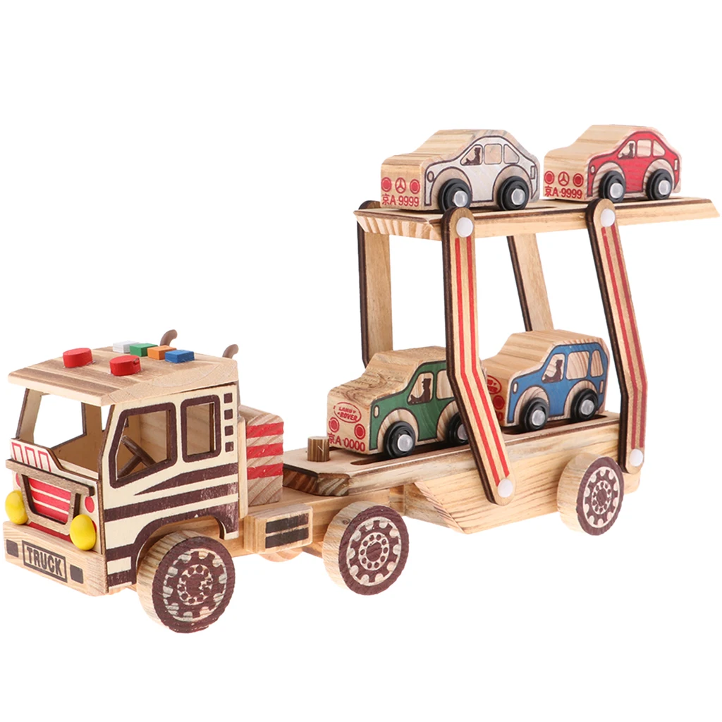 Multi-color 340x78x145mm Wooden Car Carrier Model Double Layers Children Vehicle