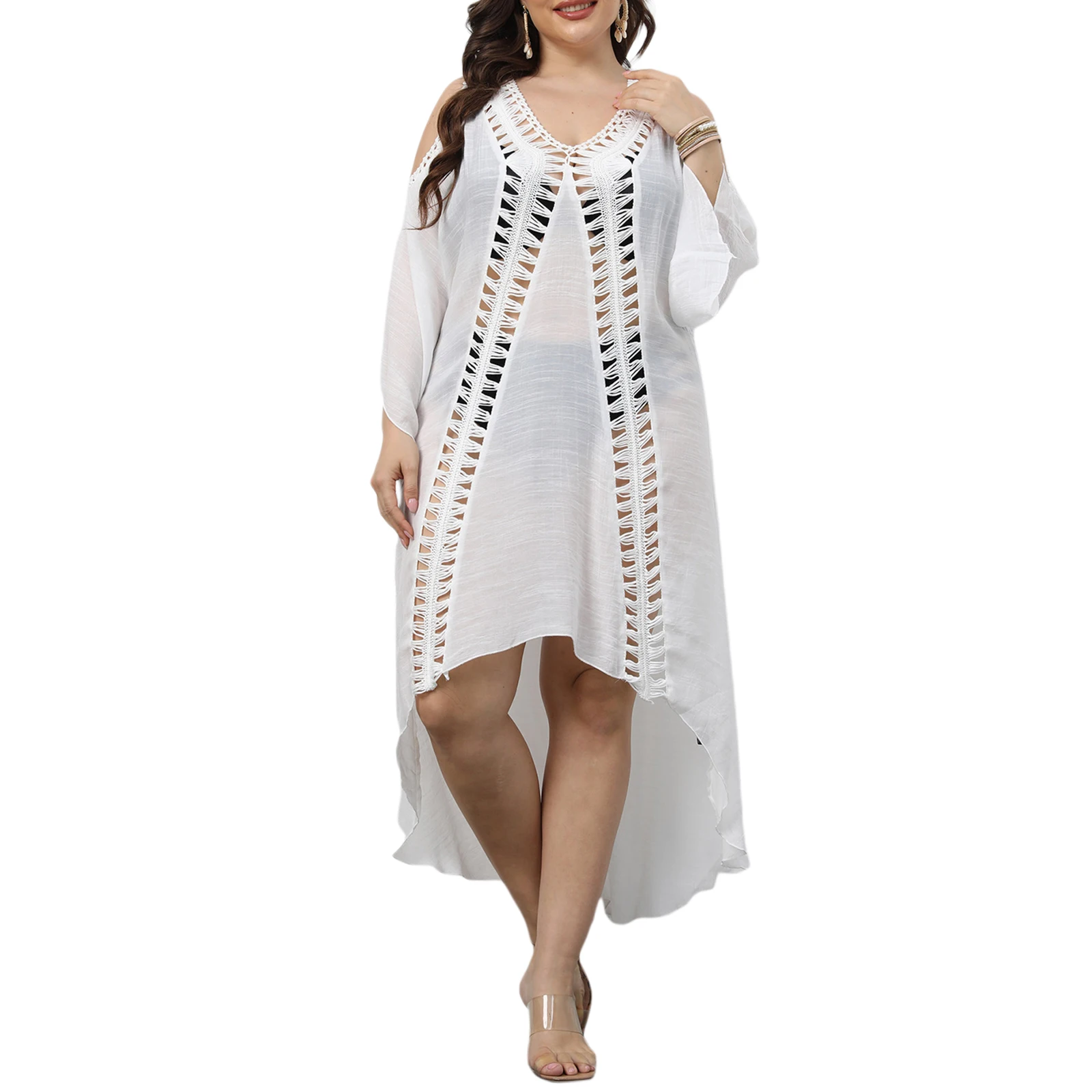 New Women Swimming Dress Plus Size Beach Cover Up Hollow Trim Loose Fit Solid Color Irregular Hem Mujer Swimwear Beachwear bathing suit coverups